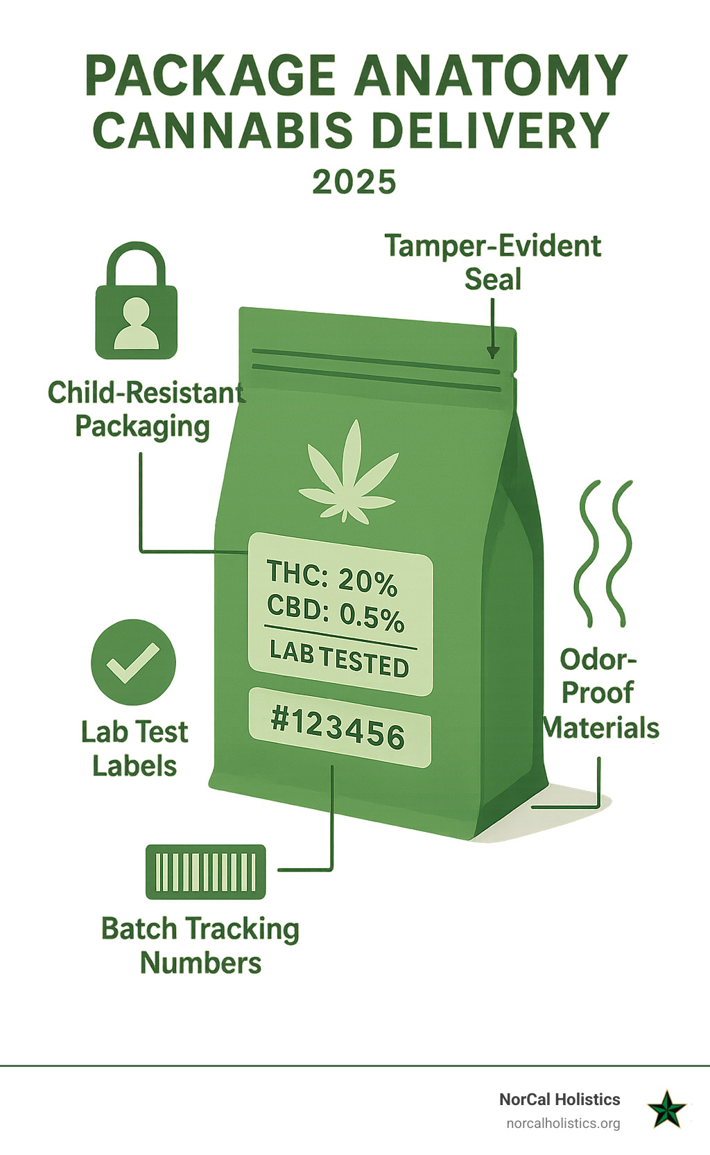 Package anatomy infographic showing: tamper-evident seal, child-resistant packaging, lab test labels, batch tracking numbers, and odor-proof materials - cannabis delivery infographic 