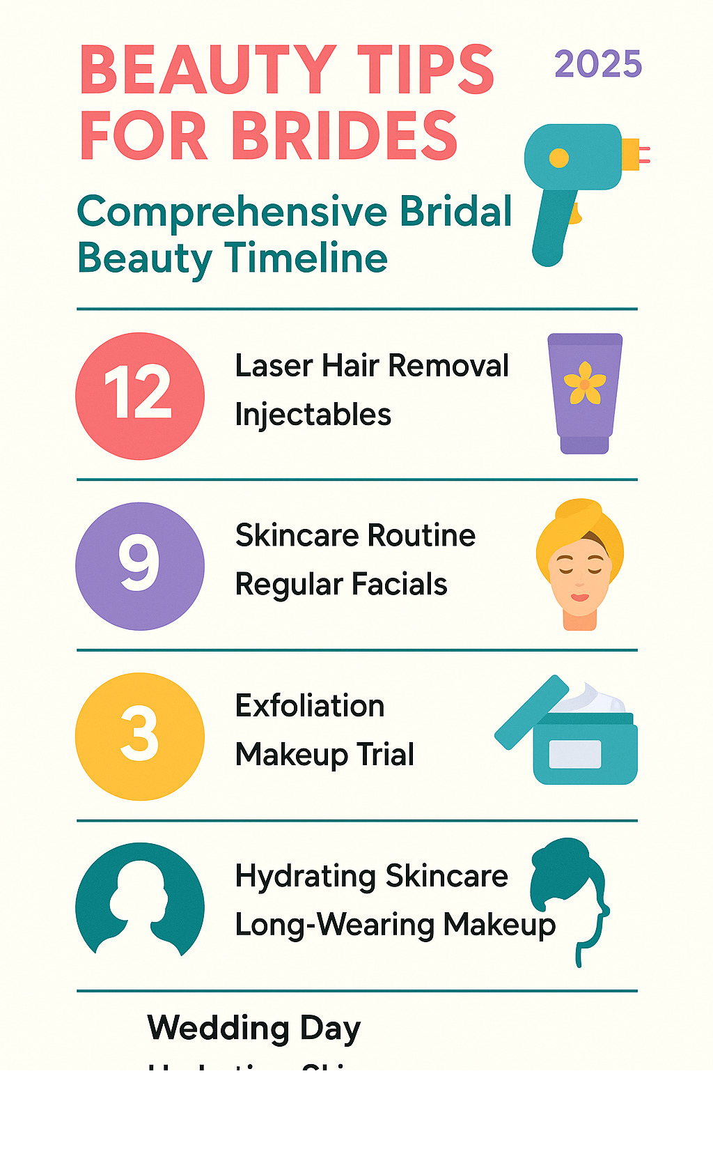 Comprehensive bridal beauty timeline showing 12-month countdown with monthly treatment schedules, skincare routine phases, and professional appointment timing for optimal wedding day results - Beauty tips for brides infographic 