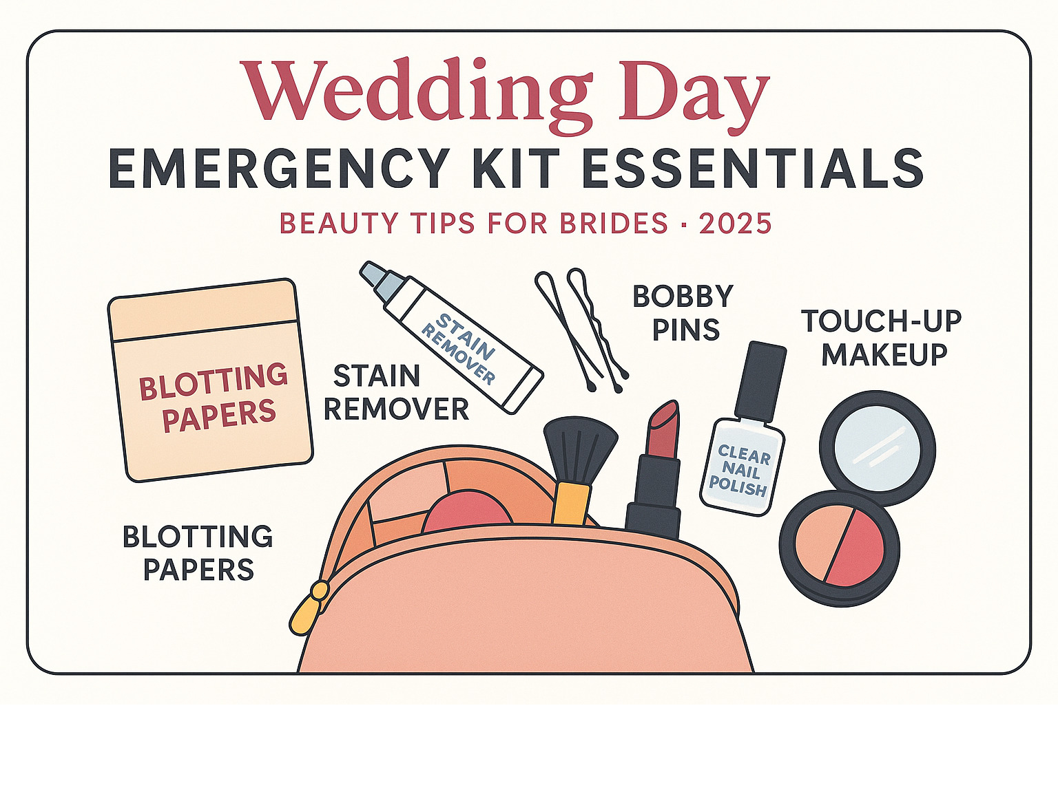 Wedding day emergency kit essentials including blotting papers, stain remover, bobby pins, clear nail polish, and touch-up makeup items organized in a small bag - Beauty tips for brides infographic 