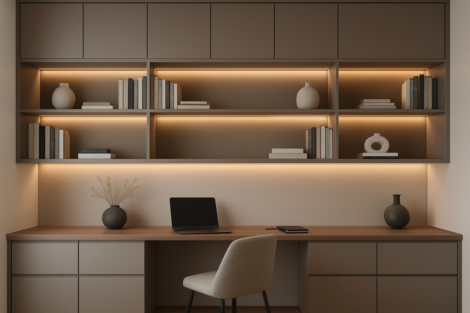 contemporary wall unit with integrated lighting and floating shelves - custom made office cabinets