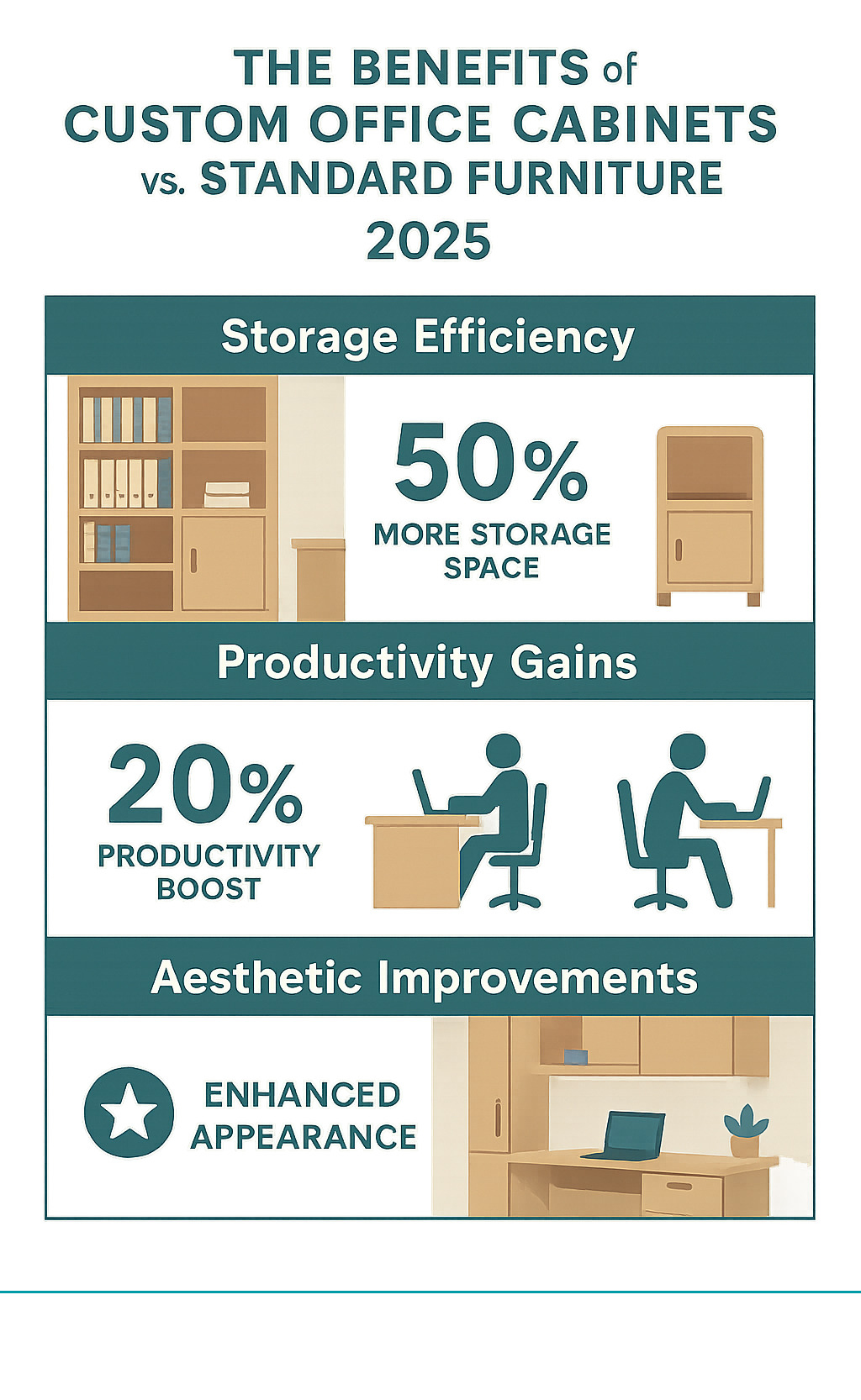 Benefits of custom office cabinets vs standard furniture showing storage efficiency, productivity gains, and aesthetic improvements - custom made office cabinets infographic 