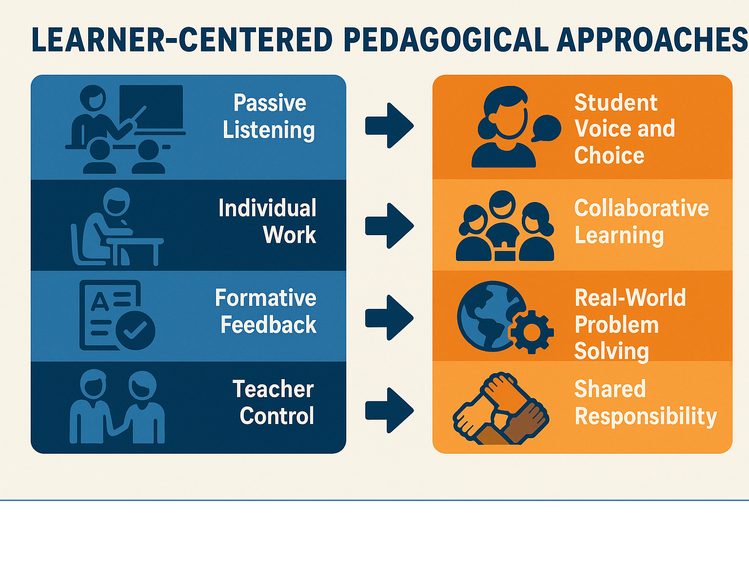 Infographic showing the shift from teacher-centered to learner-centered pedagogy with five key components: student voice and choice replacing passive listening, collaborative learning replacing individual work, formative feedback replacing high-stakes testing, real-world problem solving replacing abstract worksheets, and shared responsibility replacing teacher control - learner centered pedagogical approaches infographic Infographic showing the shift from teacher-centered to learner-centered pedagogy with five key components: student voice and choice replacing passive listening, collaborative learning replacing individual work, formative feedback replacing high-stakes testing, real-world problem solving replacing abstract worksheets, and shared responsibility replacing teacher control - learner centered pedagogical approaches infographic
