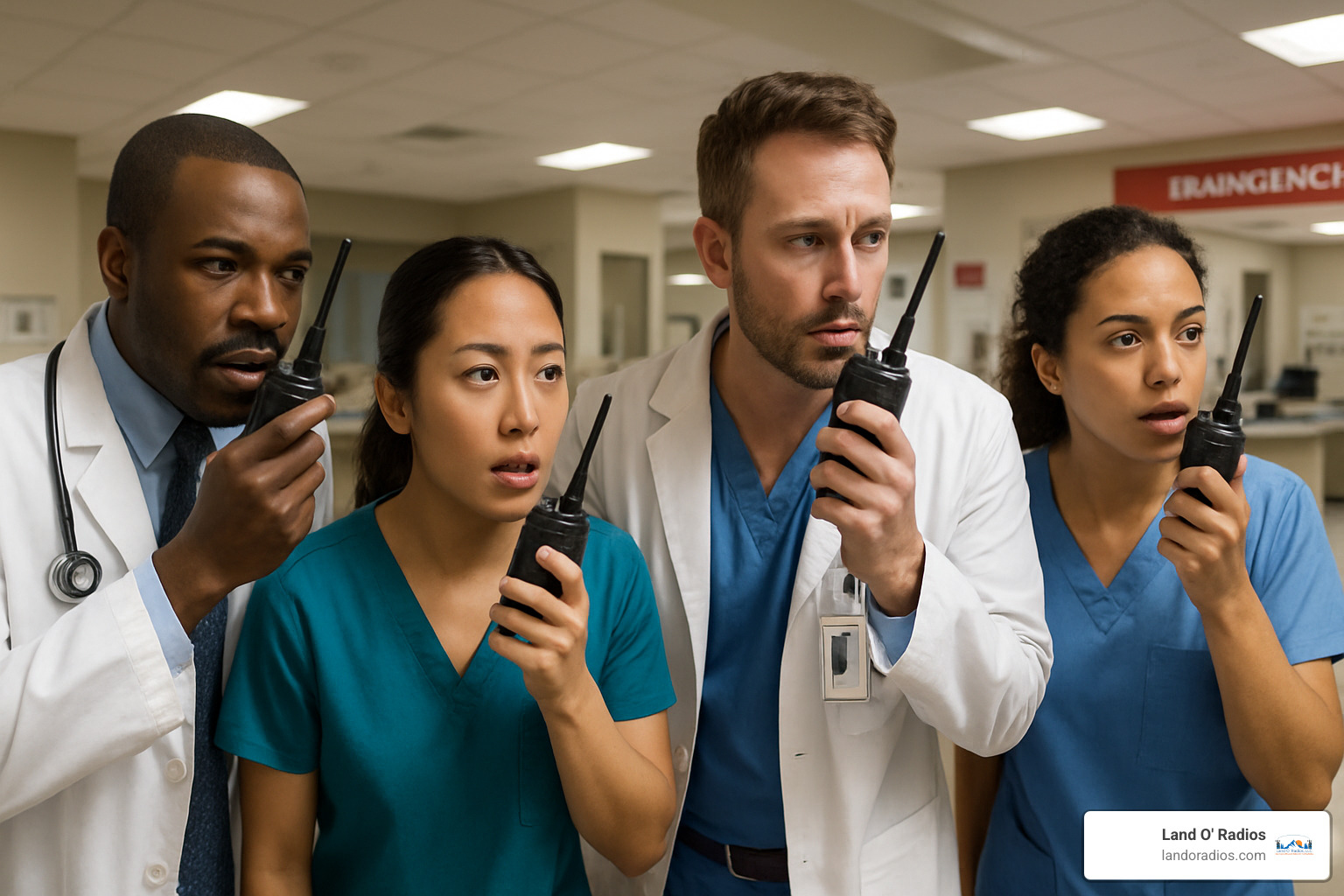 healthcare communication team using radios - healthcare radios