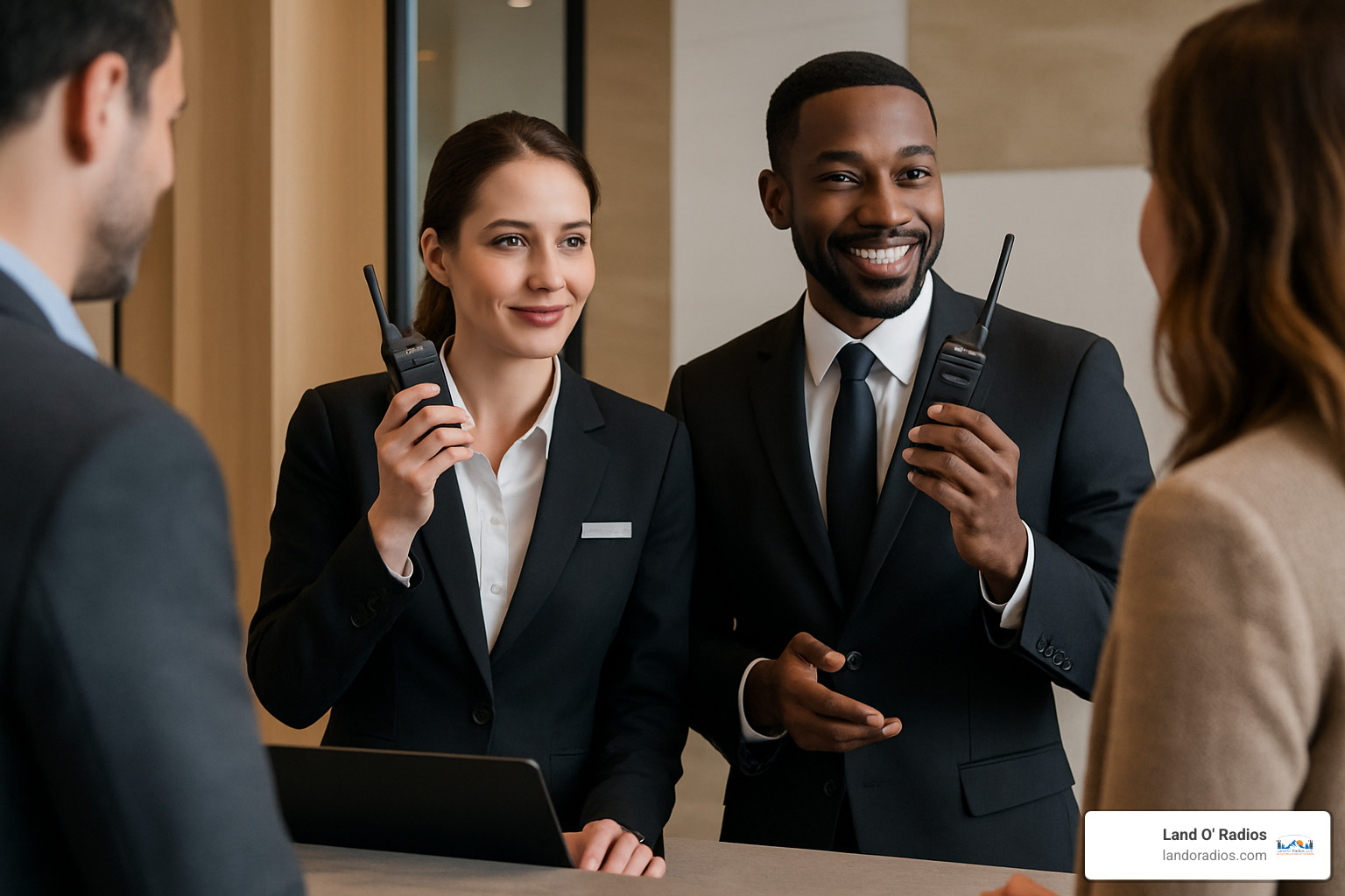Hospitality staff using sleek SL300 radios for professional customer service - buy a motorola two-way radio