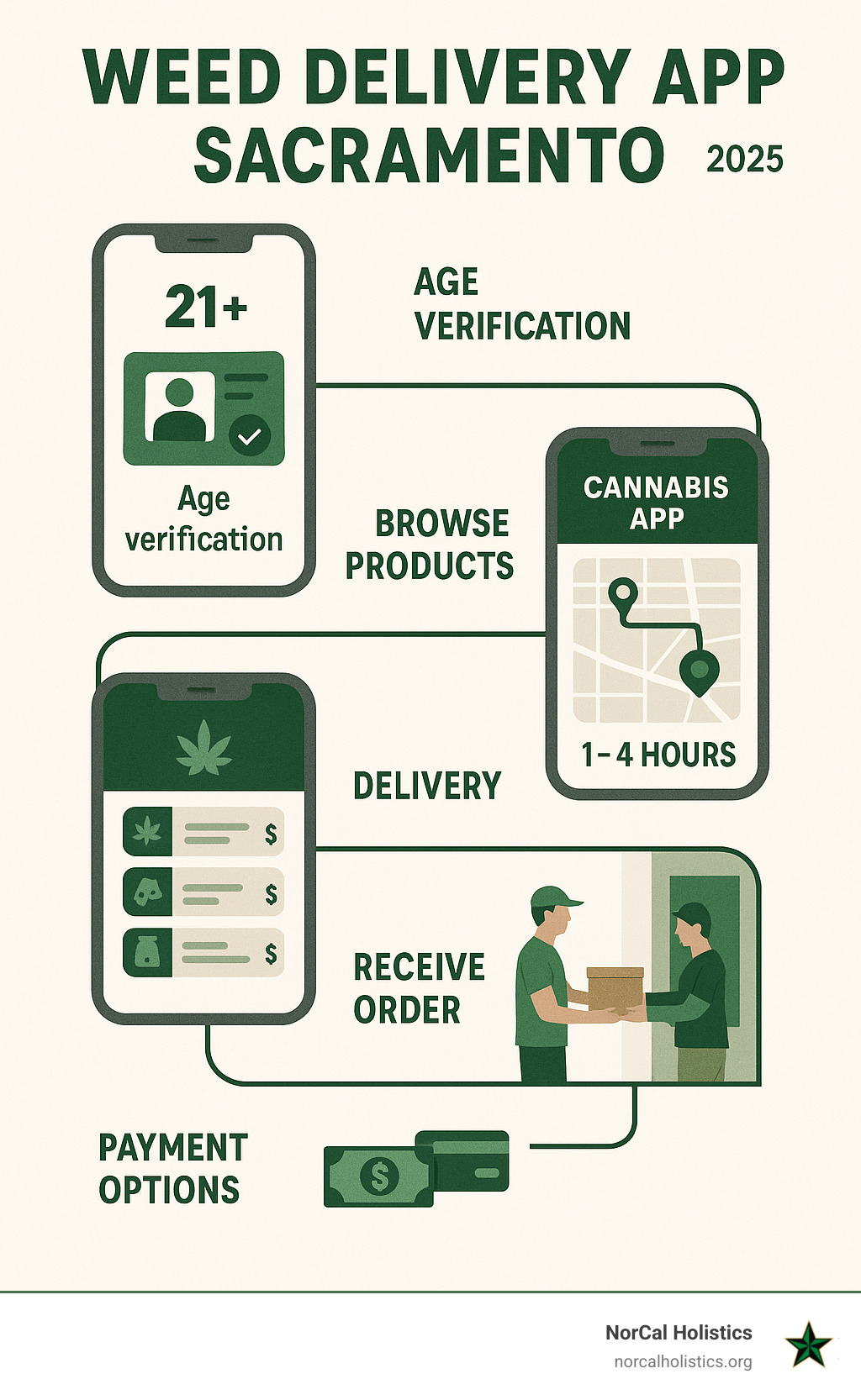 Infographic showing the complete weed delivery app process in Sacramento: smartphone with cannabis app interface, age verification screen, product selection menu, GPS tracking of delivery driver, and discreet package delivery to residential doorstep, with timeline showing 1-4 hour delivery window and payment options including cash and digital methods - weed delivery app Sacramento infographic 
