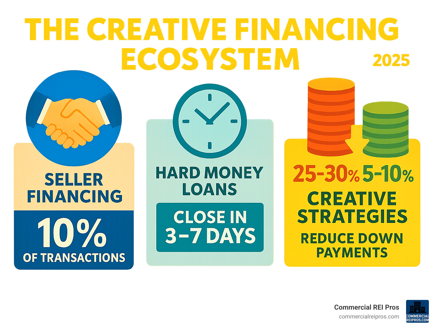 Infographic showing the creative financing ecosystem with seller financing at 10% of transactions, hard money loans closing in 3-7 days, and creative strategies reducing down payments from 25-30% to as low as 5-10% - creative financing commercial real estate infographic 