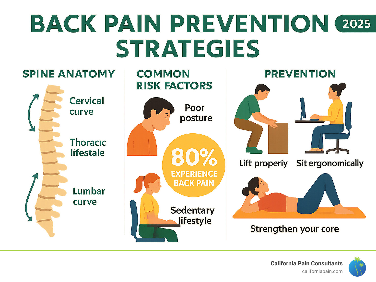 Comprehensive infographic showing spine anatomy with three natural curves (cervical, thoracic, lumbar), common risk factors including poor posture and sedentary lifestyle, key prevention statistics showing 80% lifetime prevalence, and visual guide to proper lifting technique, ergonomic sitting position, and core strengthening exercises - back pain prevention strategies infographic 