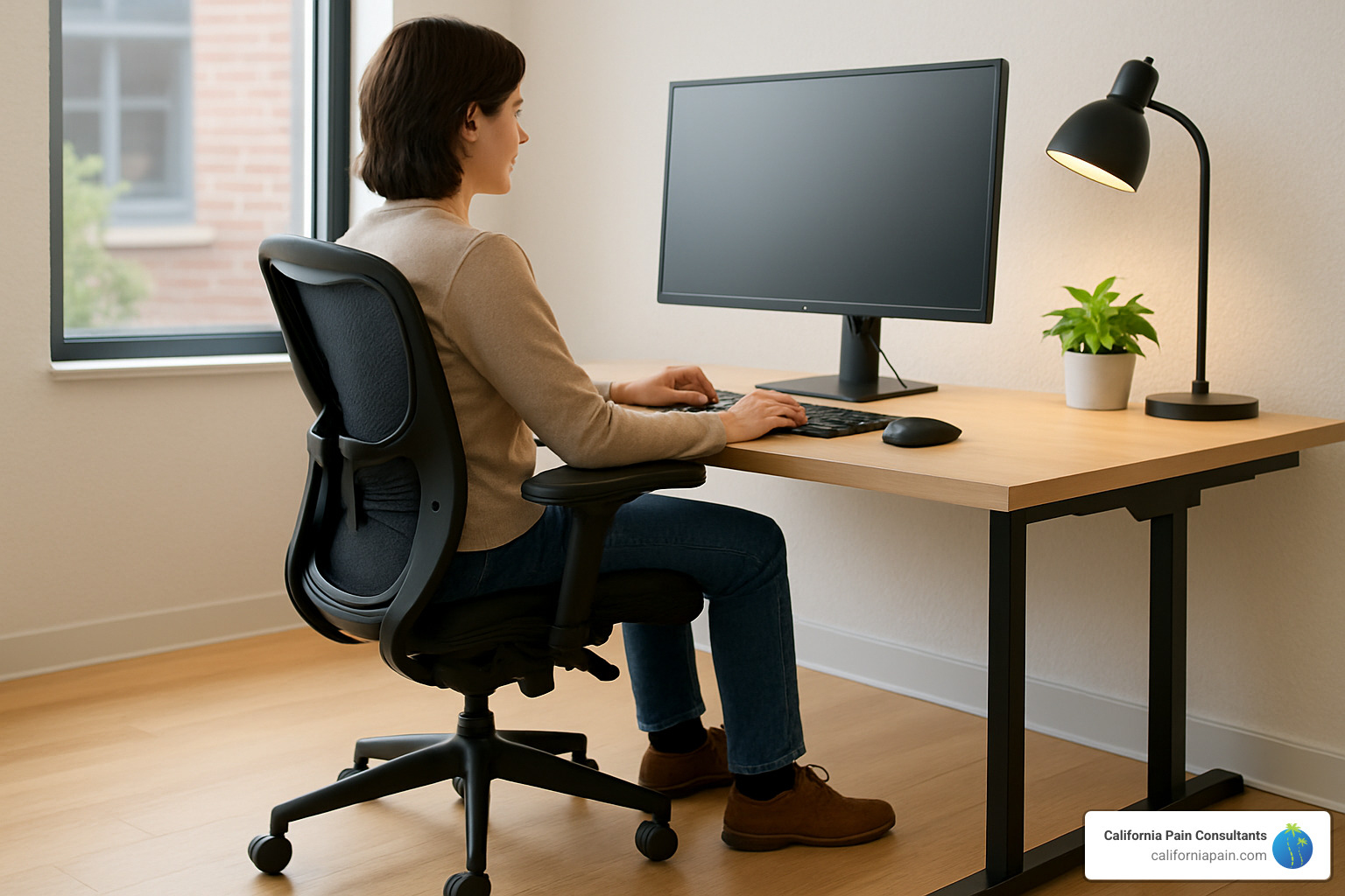 ideal workstation setup showing proper monitor height, keyboard position, and chair alignment - back pain prevention strategies