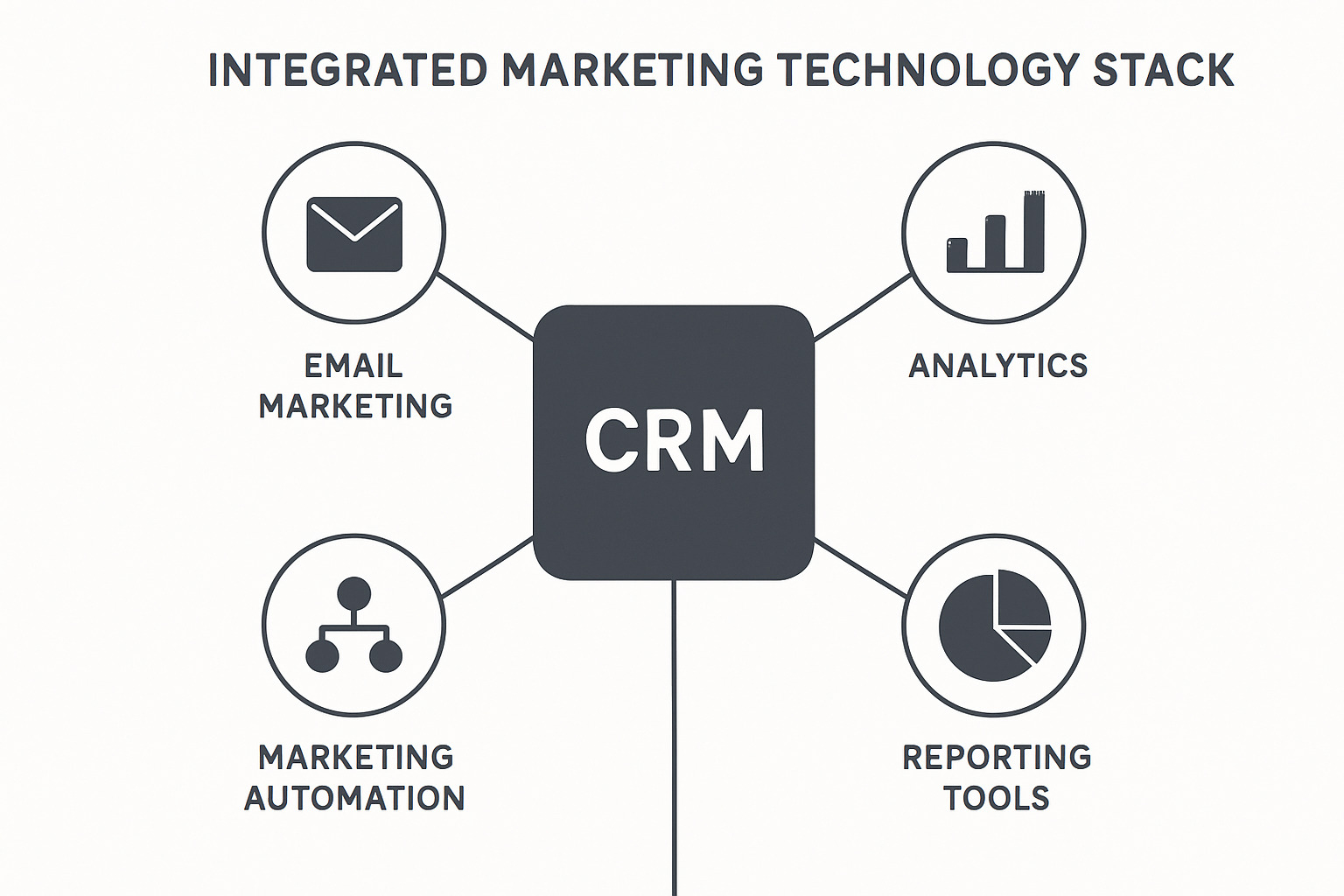 Integrated marketing technology stack showing CRM at the center connected to email marketing, analytics, automation, and reporting tools - marketing operations analytics