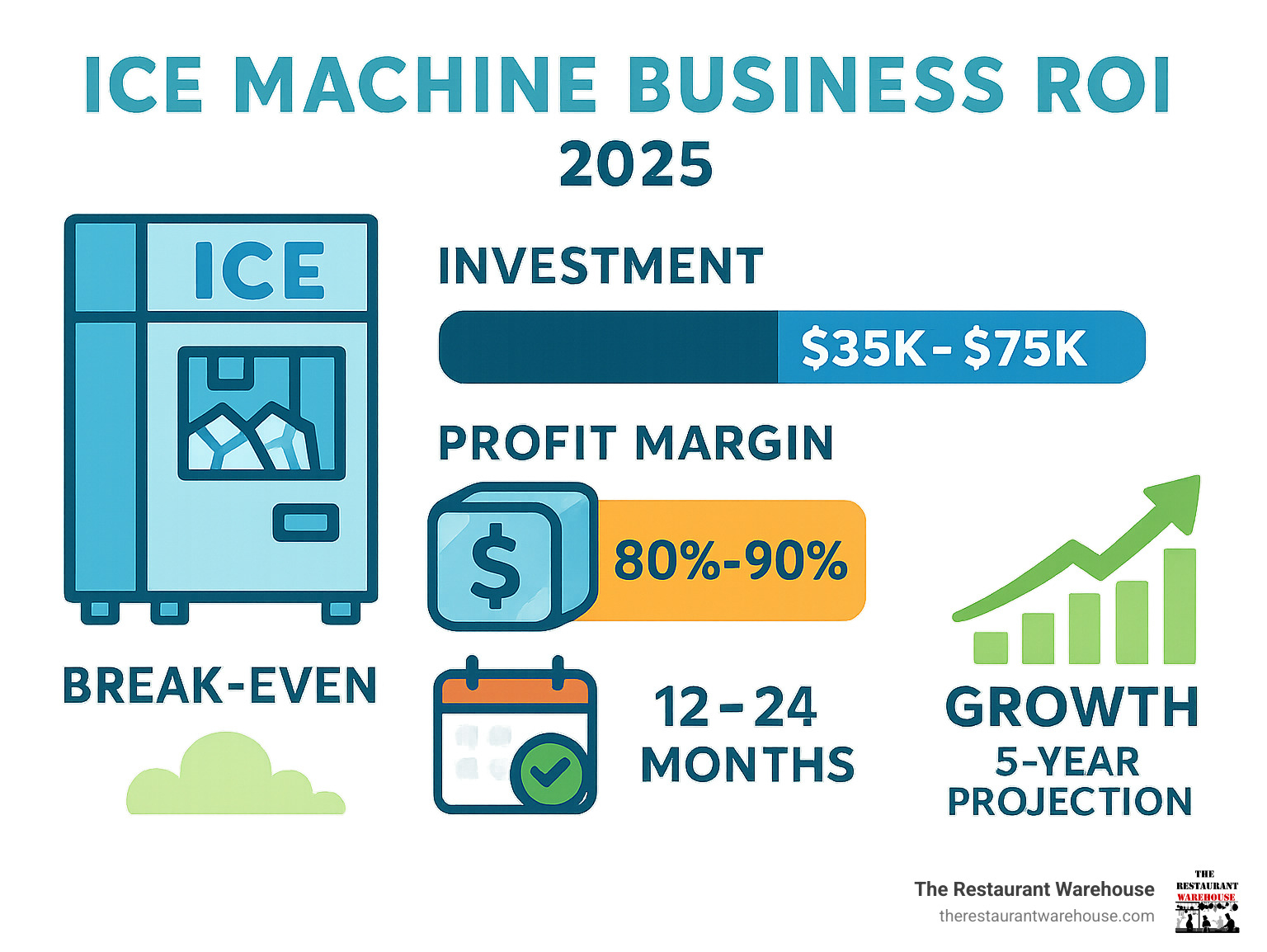 Statistical breakdown of ice machine business ROI, showing investment ranges, profit margins, break-even timelines, and growth projections over 5-year period - ice machine business for sale infographic 