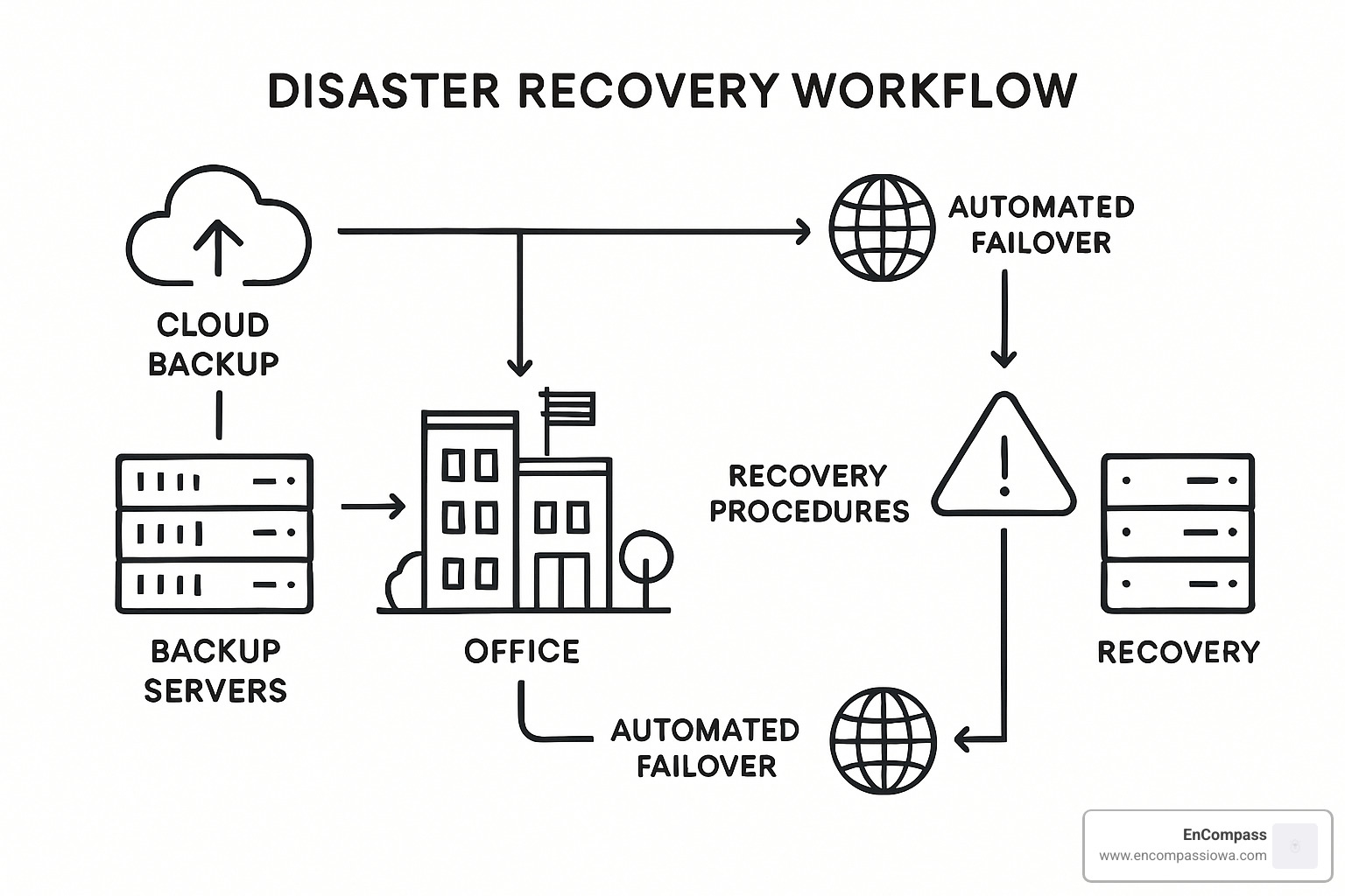 Disaster recovery workflow showing backup systems, failover processes, and recovery procedures - what are managed network services