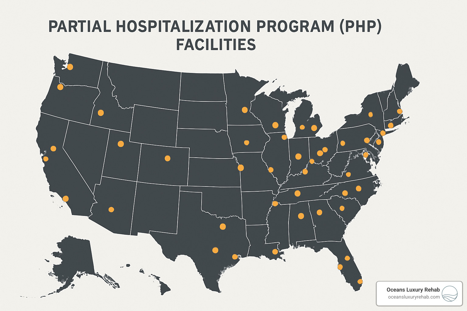 Map of the United States showing distribution of PHP facilities with concentration markers in major metropolitan areas - php near me