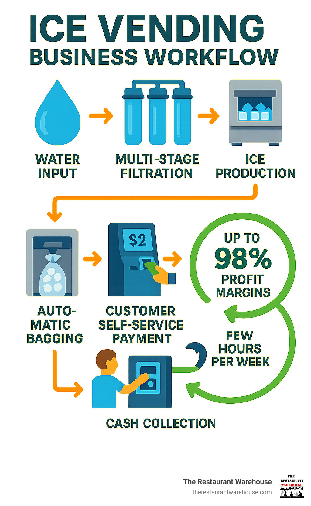 Ice vending business workflow infographic showing water input, multi-stage filtration system, ice production, automatic bagging, customer self-service payment, and cash collection cycle with profit margins and time investment requirements - ice machine business for sale infographic 