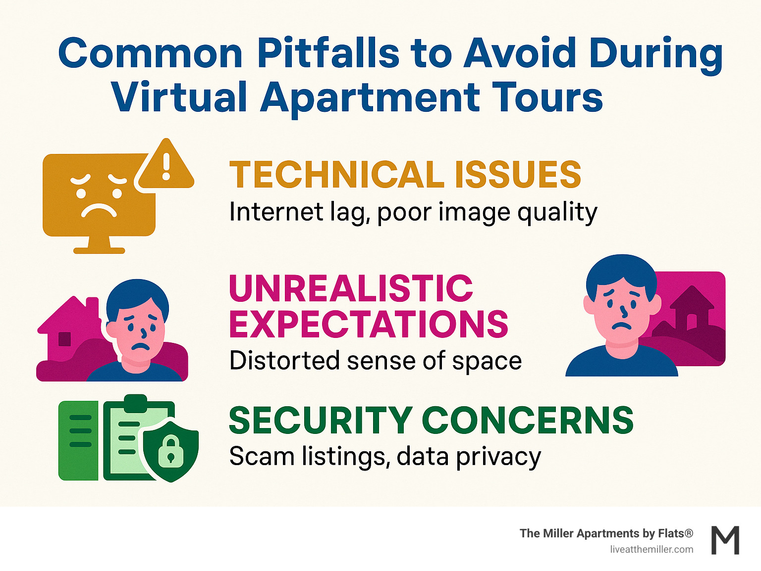 Infographic showing common pitfalls to avoid during virtual apartment tours, including technical issues, unrealistic expectations, and security concerns - virtual apartment tours Vancouver infographic 
