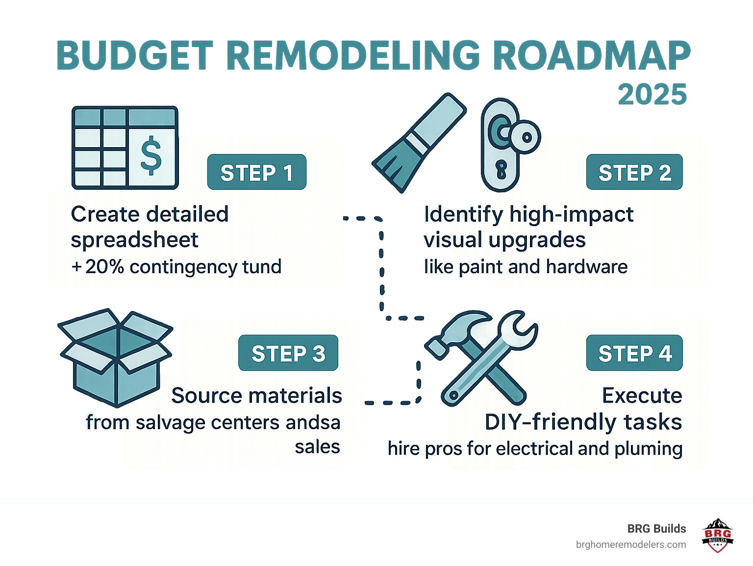 Budget Remodeling Roadmap: Step 1 - Create detailed spreadsheet with 20% contingency fund, Step 2 - Identify high-impact visual upgrades like paint and hardware, Step 3 - Source materials from salvage centers and sales, Step 4 - Execute DIY-friendly tasks while hiring pros for electrical and plumbing - remodeling on a budget infographic Budget Remodeling Roadmap: Step 1 - Create detailed spreadsheet with 20% contingency fund, Step 2 - Identify high-impact visual upgrades like paint and hardware, Step 3 - Source materials from salvage centers and sales, Step 4 - Execute DIY-friendly tasks while hiring pros for electrical and plumbing - remodeling on a budget infographic