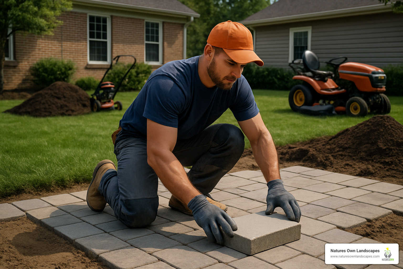Professional landscaper installing patio pavers with lawn mowing equipment and mulch piles in background - landscapers in springfield ohio