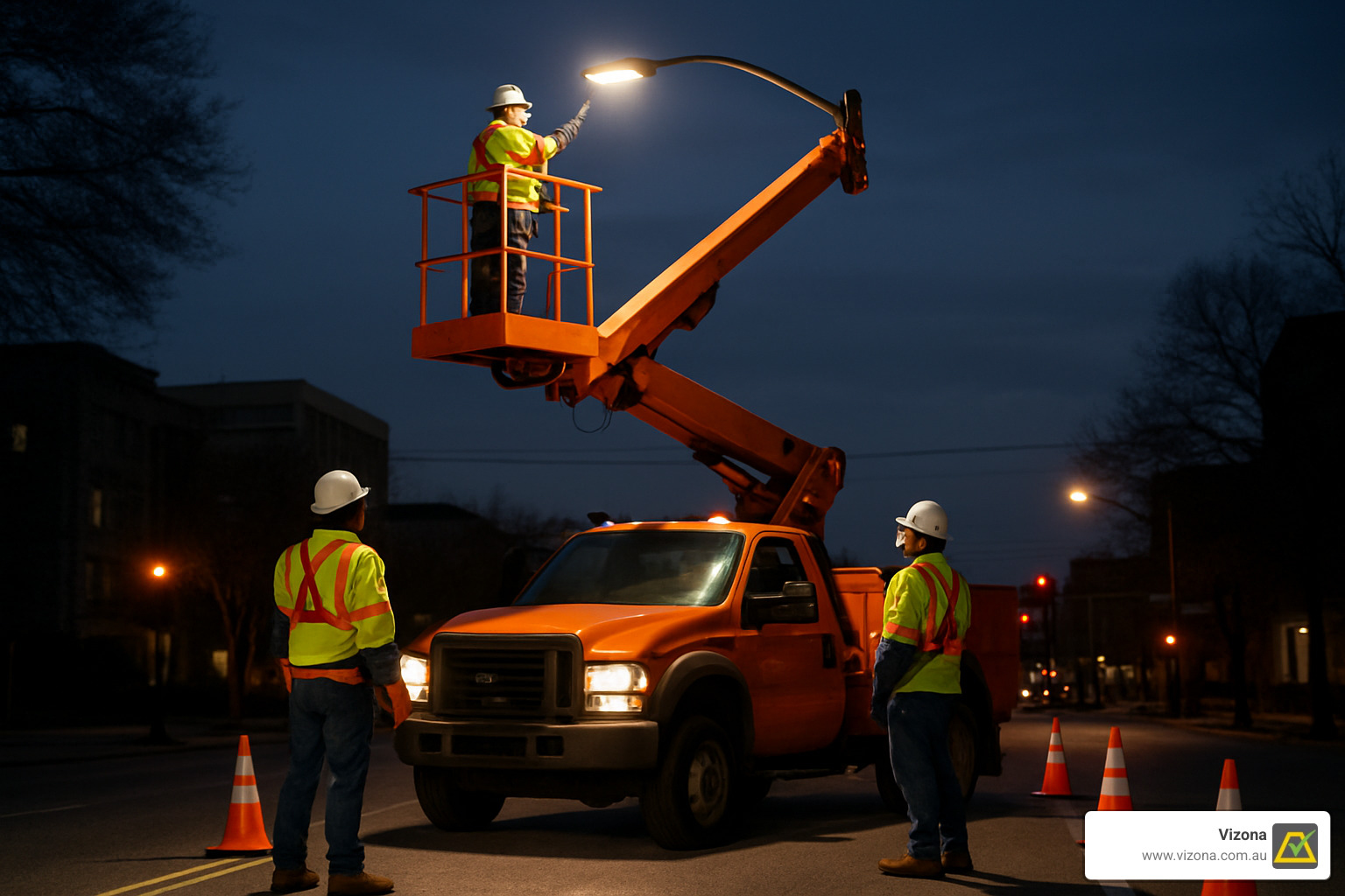 Maintenance crew on cherry picker servicing LED road lighting fixture, emphasizing safety procedures and professional installation practices - road lighting