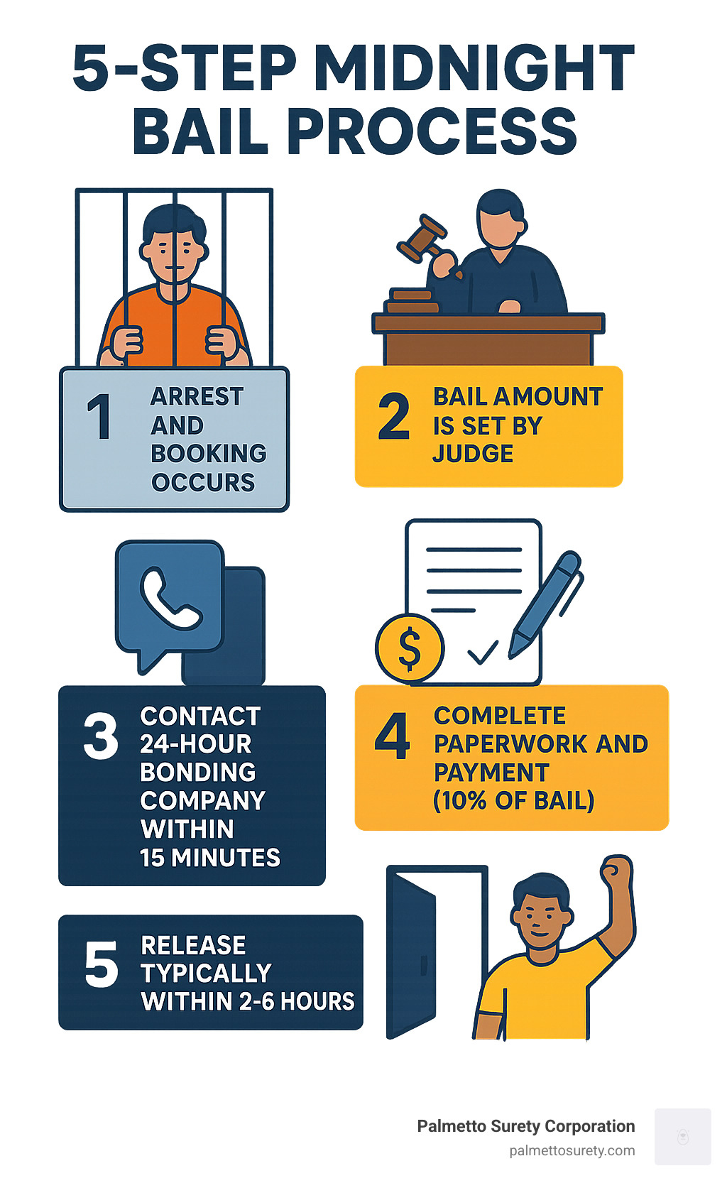 Your midnight savior - local 24 hour bonding companies 1 Infographic showing the 5-step midnight bail process: 1) arrest and booking occurs, 2) bail amount is set by judge, 3) contact 24-hour bonding company within 15 minutes, 4) complete paperwork and payment (10% of bail), 5) release typically within 2-6 hours - 24 hour bonding company near me infographic