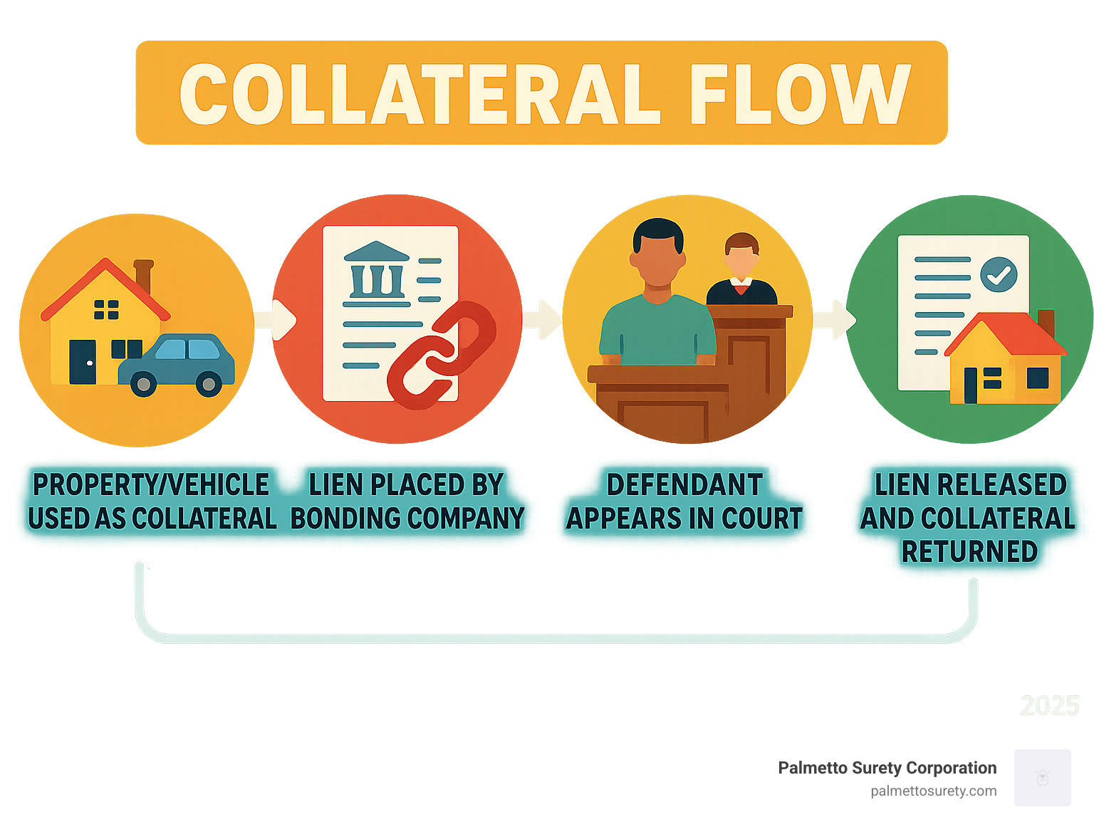 Your midnight savior - local 24 hour bonding companies 9 Infographic showing collateral flow: property/vehicle used as collateral → lien placed by bonding company → defendant appears in court → case resolved → lien released and collateral returned - 24 hour bonding company near me infographic