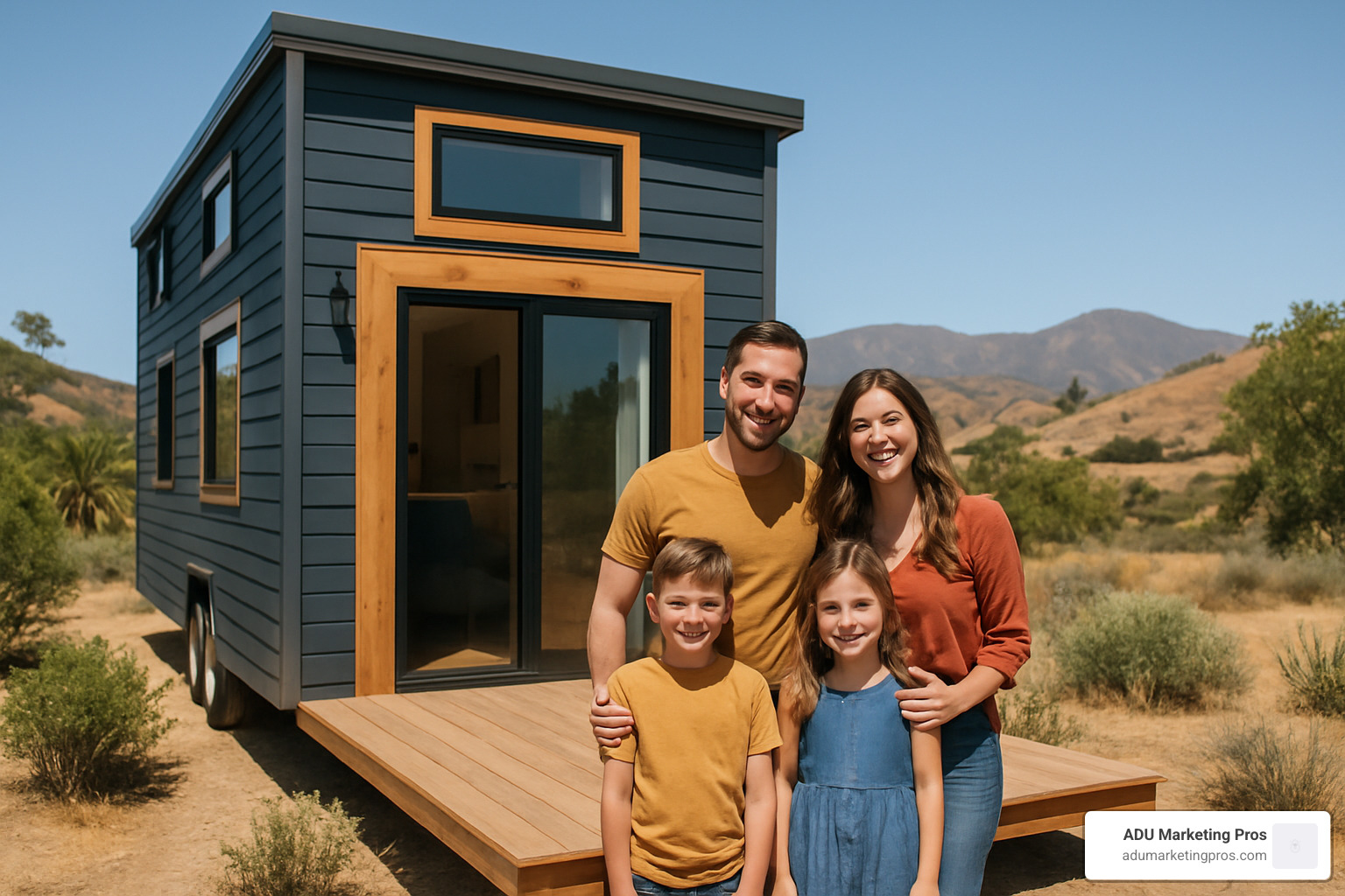 Happy family standing outside their tiny home with Southern California hills in the background - land for sale in southern california for tiny houses