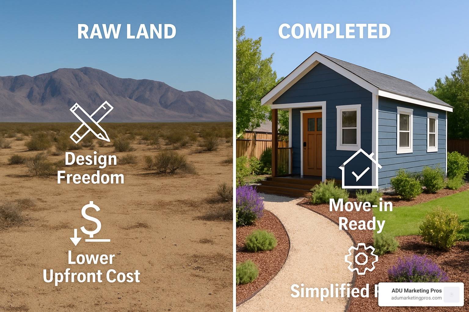 Comparison of raw land versus turnkey tiny house packages showing pros and cons of each approach - land for sale in southern california for tiny houses