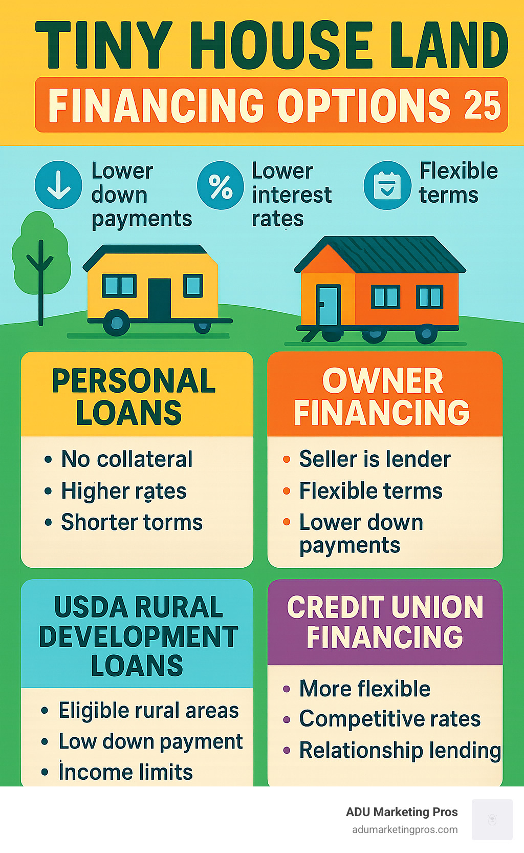 Statistical breakdown of financing options for tiny house land purchases including down payment requirements, interest rates, and loan terms - land for sale in southern california for tiny houses infographic 
