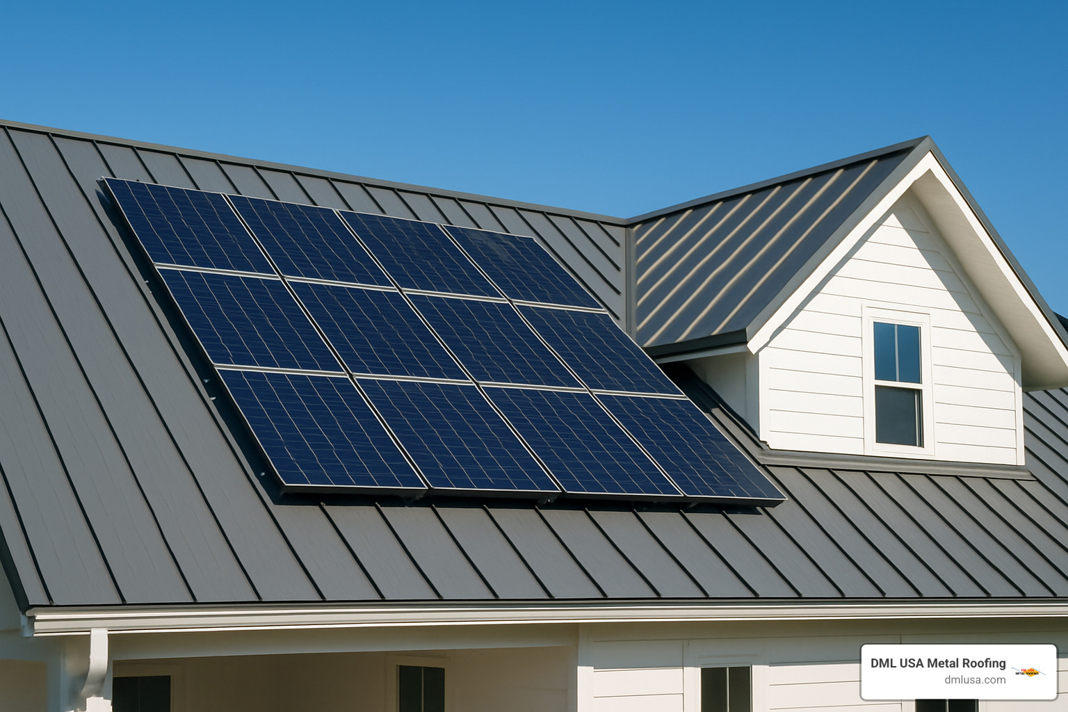 Solar panel array mounted on standing seam metal roof - eco friendly metal roof