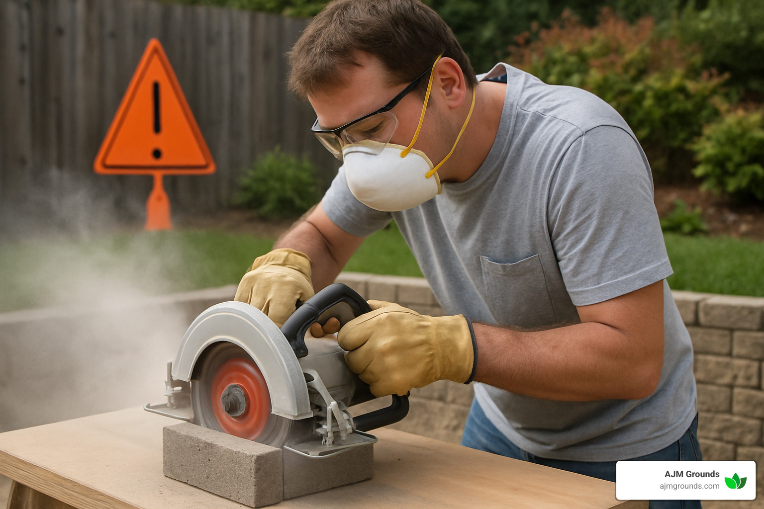 homeowner cutting concrete block with proper safety equipment - concrete wall retaining