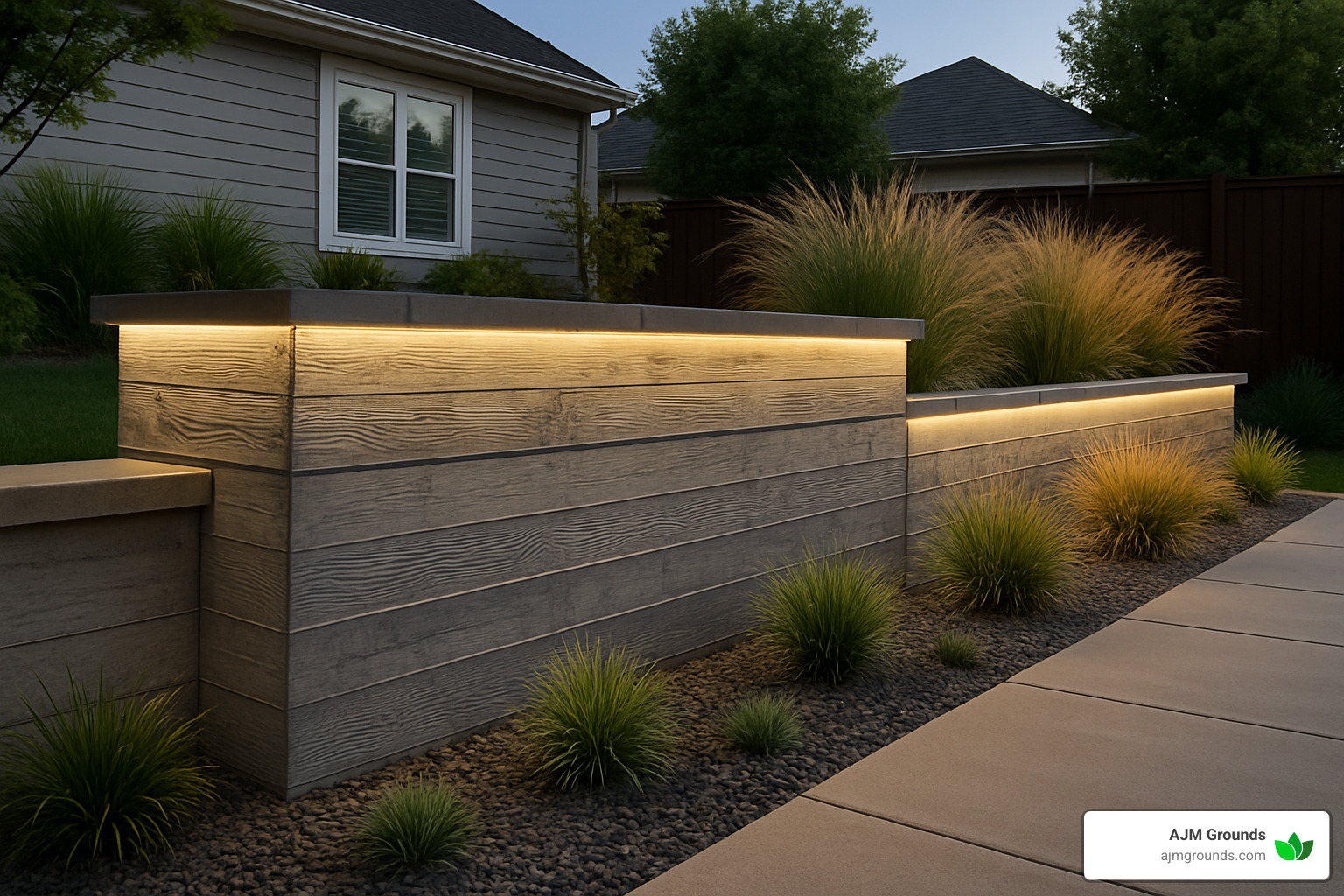 modern concrete retaining wall with board-form finish and integrated lighting - concrete wall retaining