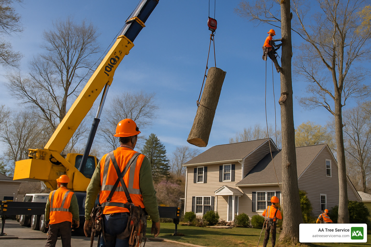 Professional tree removal crew using 150-ft crane to safely remove large tree sections near residential home - Tree Removal Nashua NH