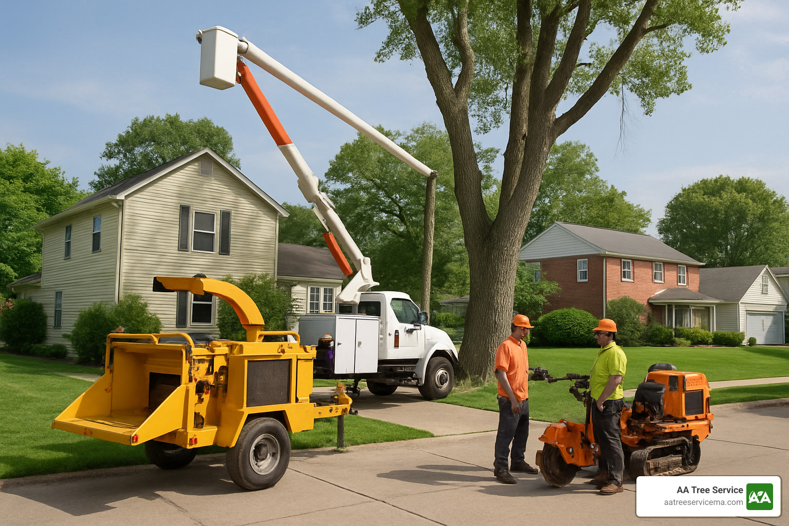 Professional tree removal equipment including bucket truck, chipper, and stump grinder positioned for residential tree removal project - Tree Removal Nashua NH