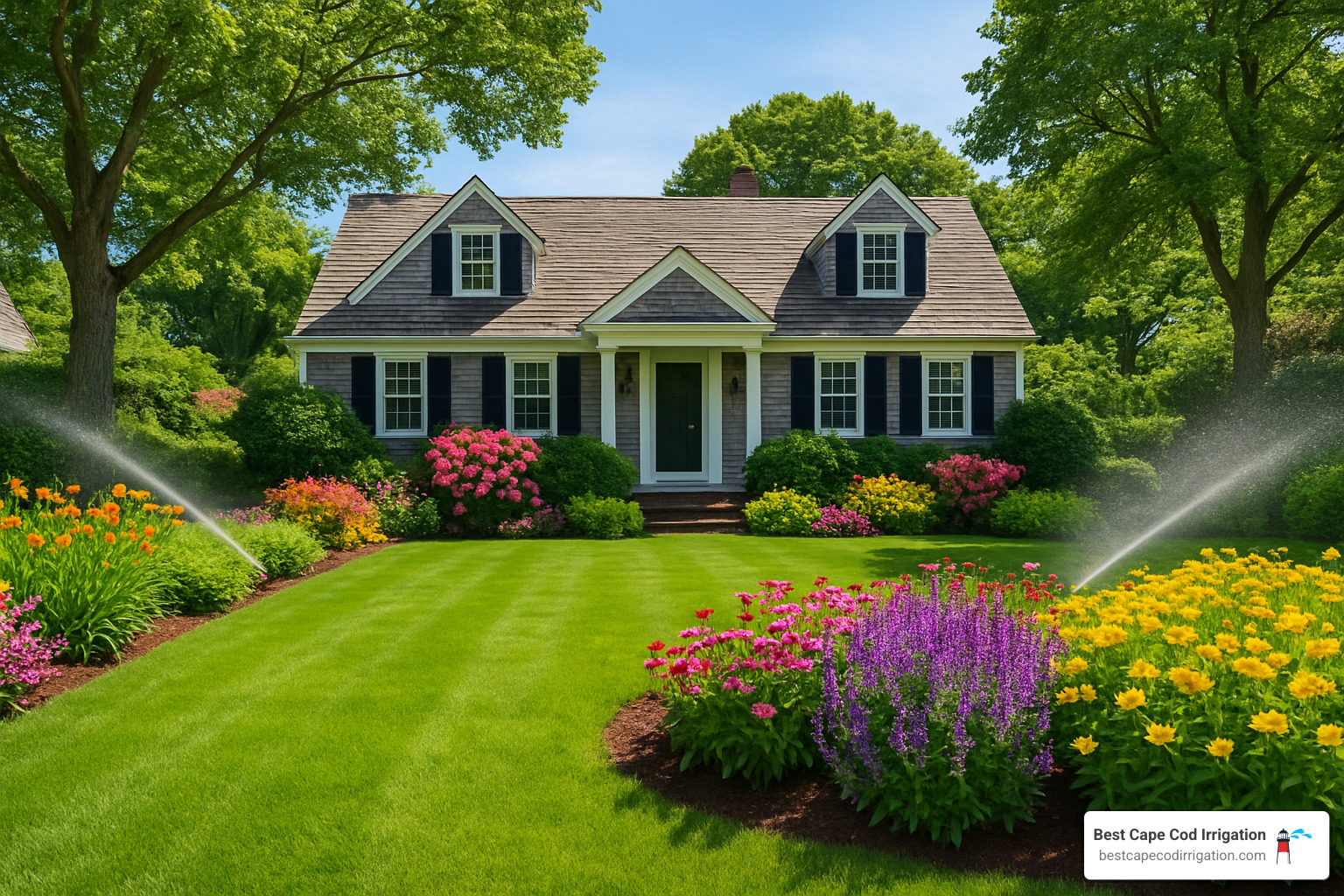 thriving Cape Cod landscape with lush green lawn, healthy flower beds, and mature trees showing the results of proper timed irrigation - timed irrigation system