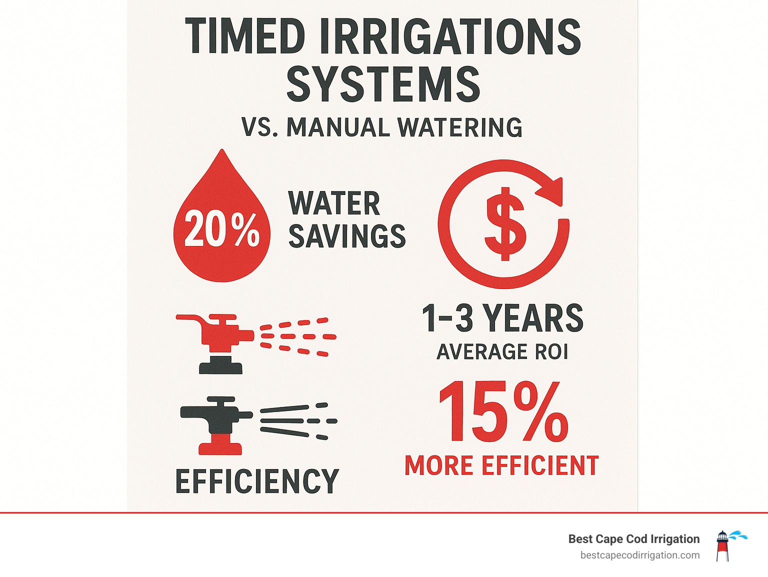 Statistical infographic showing water savings percentages, average ROI timeframes, and efficiency improvements from timed irrigation systems versus manual watering - timed irrigation system infographic 