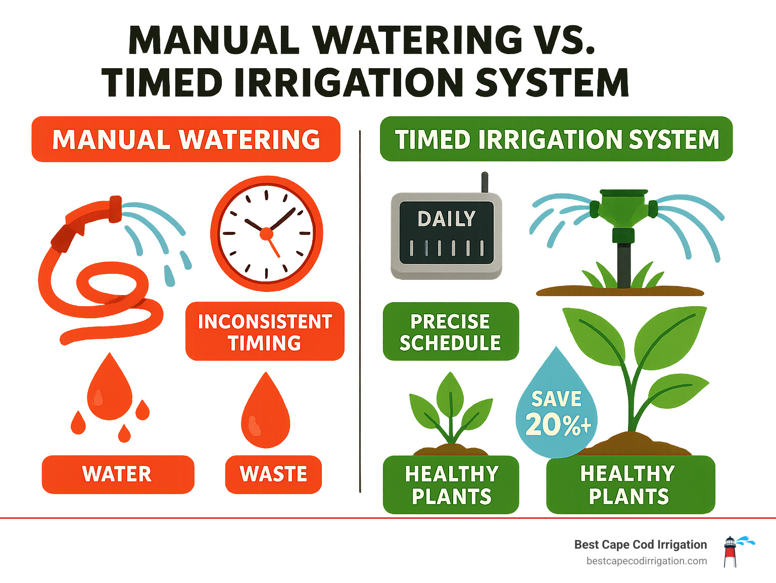 Infographic comparing manual watering schedule showing inconsistent timing and water waste versus timed irrigation system showing precise daily schedules, water conservation metrics, and healthy plant growth indicators - timed irrigation system infographic 