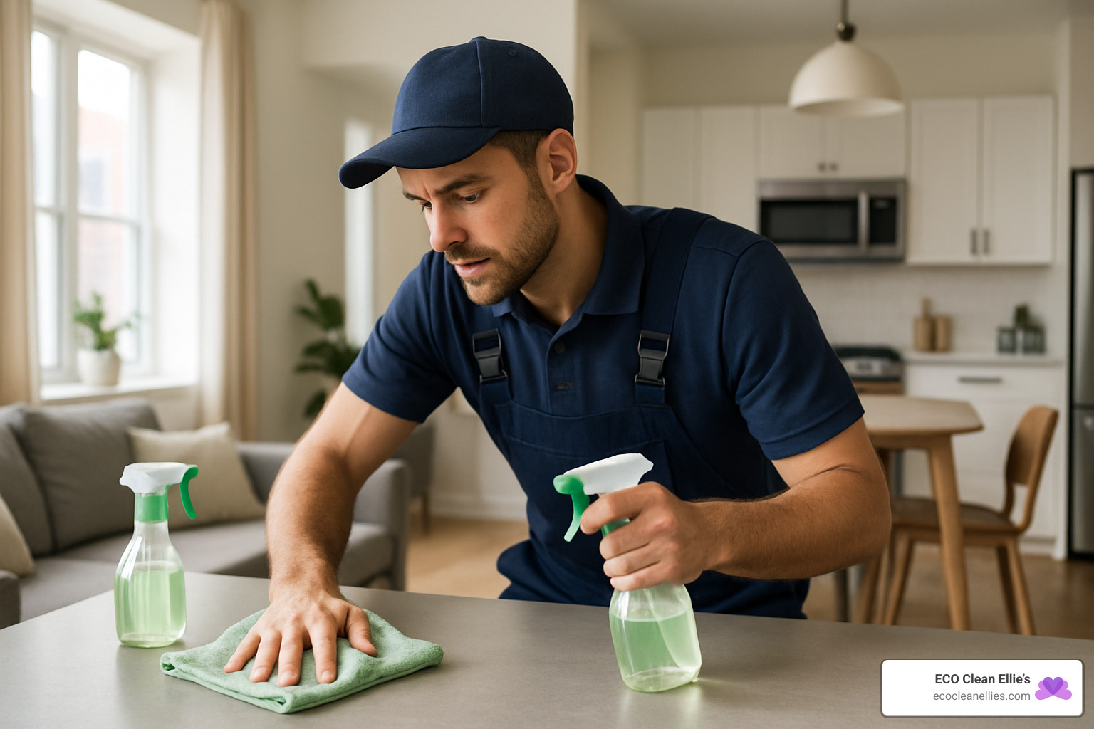 Professional cleaning technician using microfiber cloths and natural cleaning solutions in a modern apartment - chemical free cleaning service