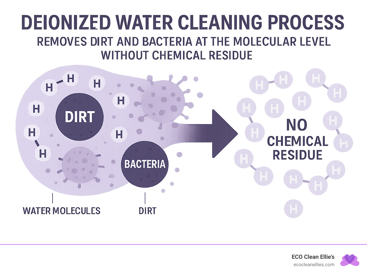 Infographic explaining the deionized water cleaning process, showing how it removes dirt and bacteria at the molecular level without chemical residue - chemical free cleaning service infographic 