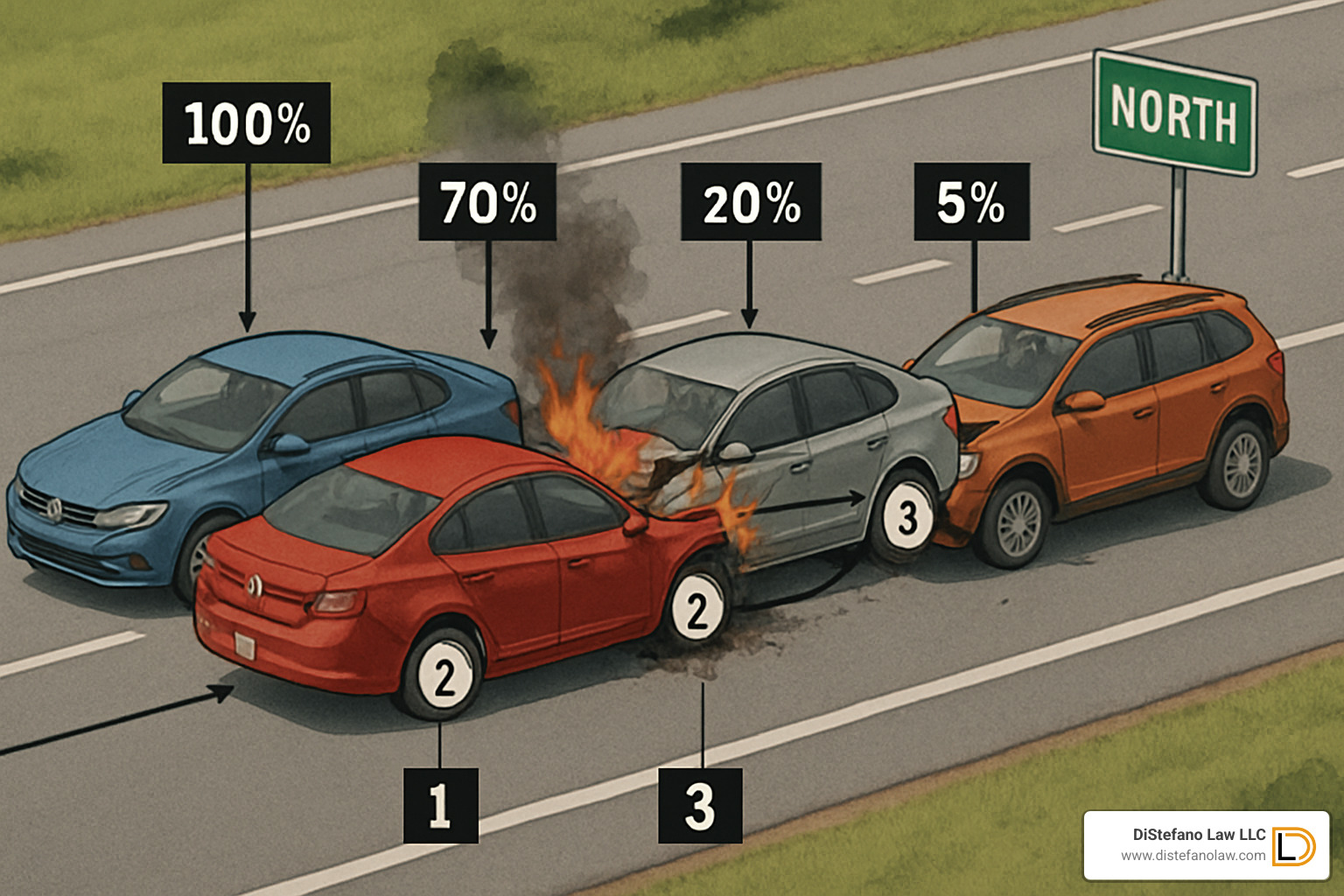 Detailed diagram showing multi-vehicle chain reaction accident with numbered sequence of impacts and fault percentages - auto accident attorney fort lauderdale
