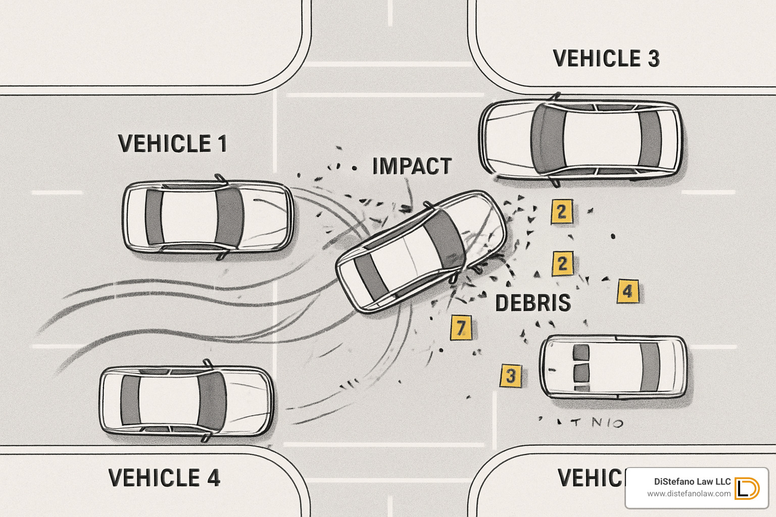 Detailed crash scene diagram showing vehicle positions, impact points, and evidence markers used in accident reconstruction - auto accident attorney fort lauderdale