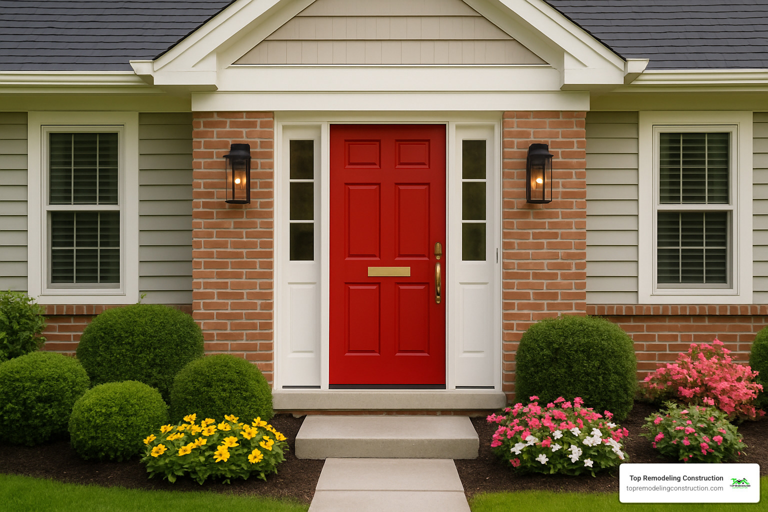 Striking façade refresh showing painted front door, updated landscaping, and modern lighting - House renovation ideas