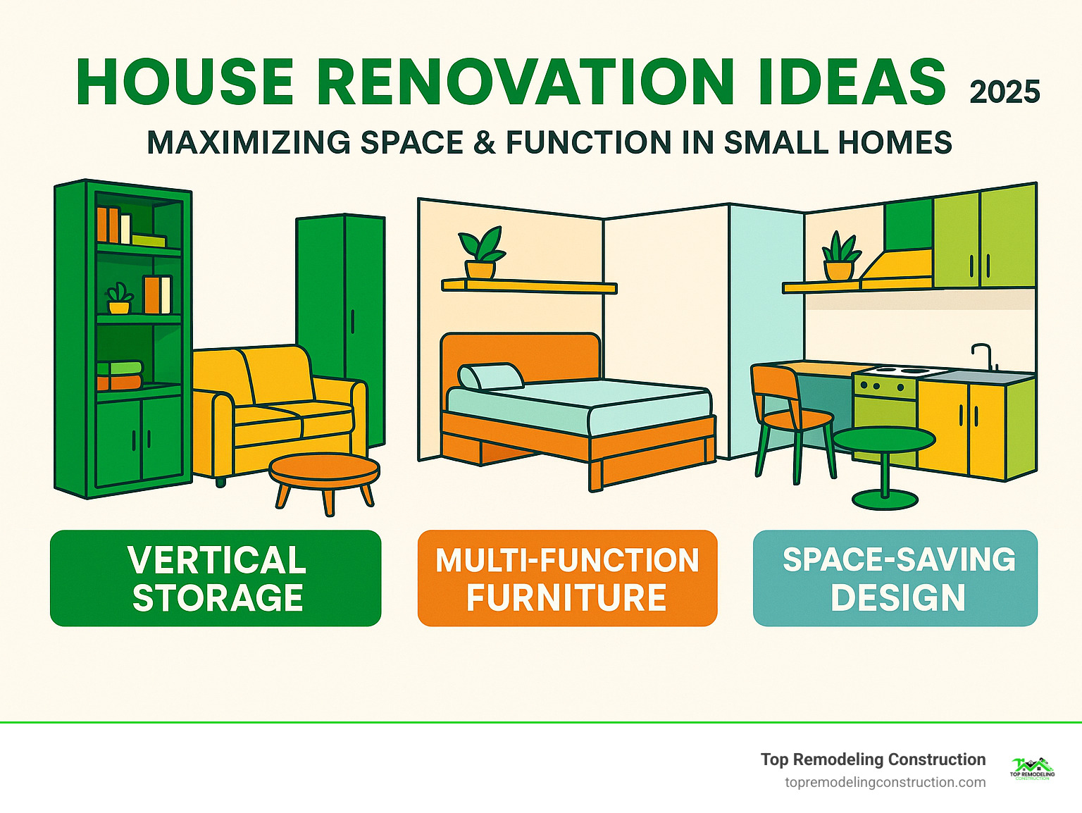 Infographic showing small-space layouts with vertical storage solutions, multi-purpose furniture arrangements, and space-maximizing design principles - House renovation ideas infographic