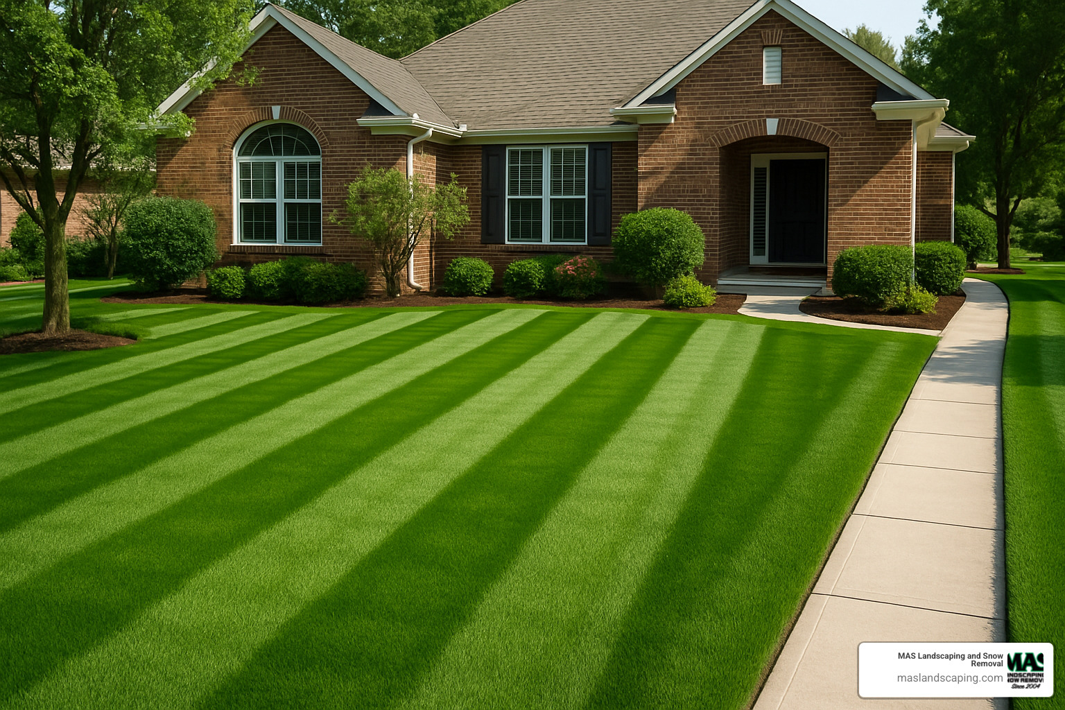 Perfectly striped lawn showing professional mowing technique with clean edges and healthy grass growth - residential landscape maintenance services
