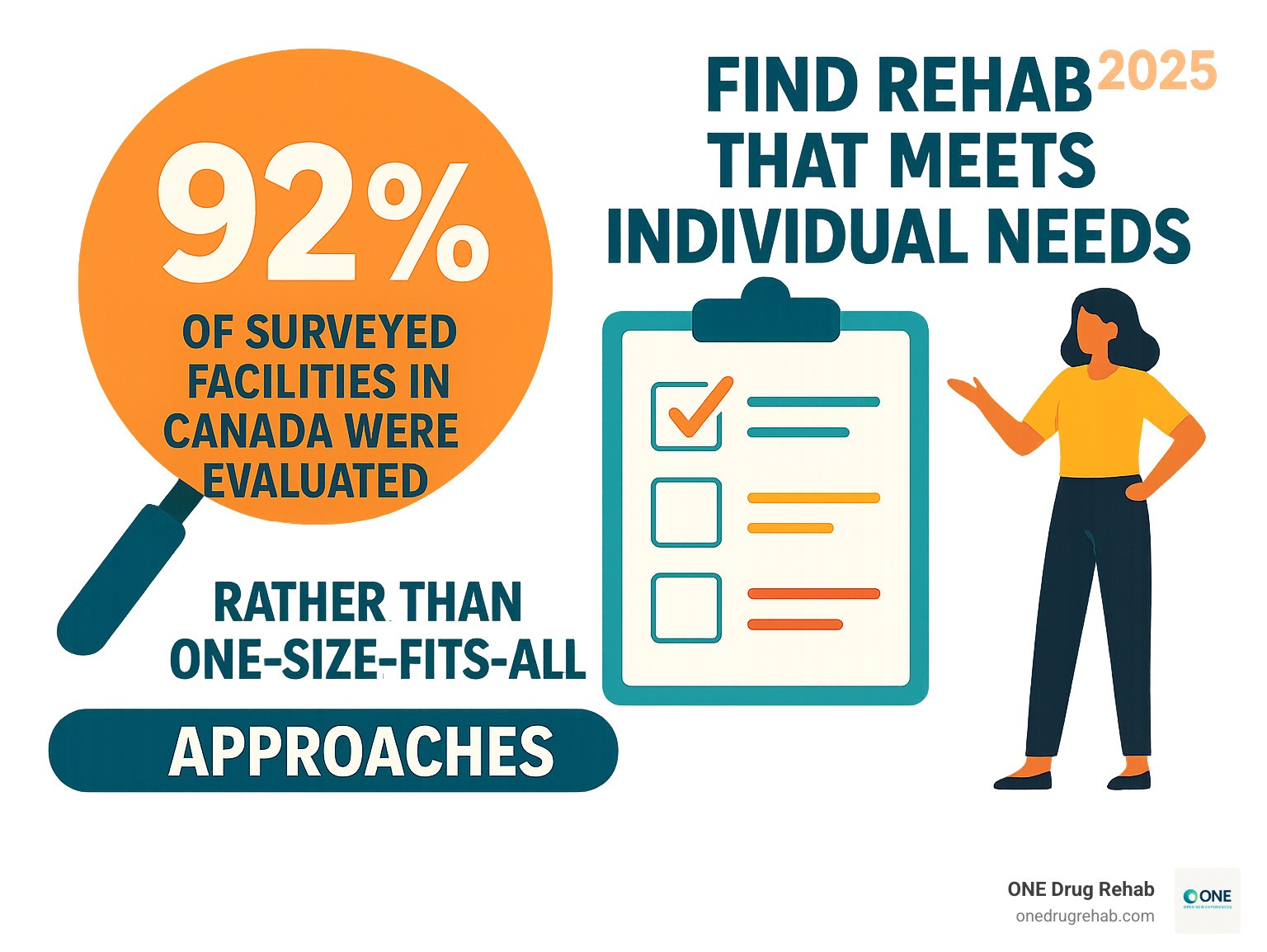 Statistics showing that 92% of surveyed facilities in Canada were evaluated, with emphasis on finding rehab that meets individual needs rather than one-size-fits-all approaches - compare rehab centers infographic 