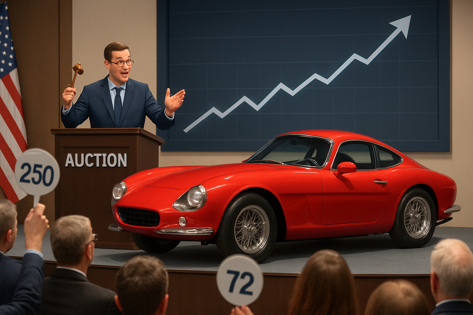 Auction scene with gavel and rising price graph showing sports car values increasing over time - sports car news