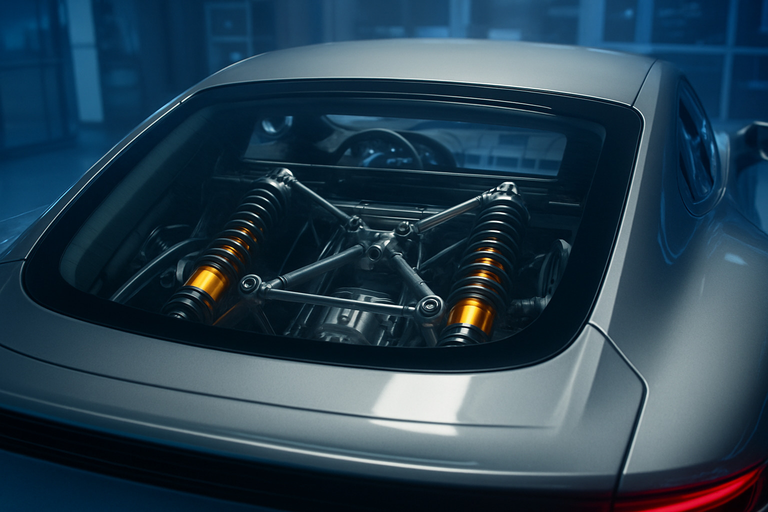 Transparent suspension display showing advanced dampers and springs working in real-time through a sports car's rear window - sports car news
