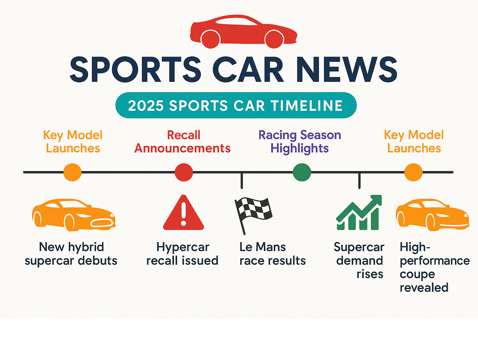 Infographic showing 2025 sports car timeline with key model launches, recall announcements, racing season highlights, and market trends mapped across the year - sports car news infographic 