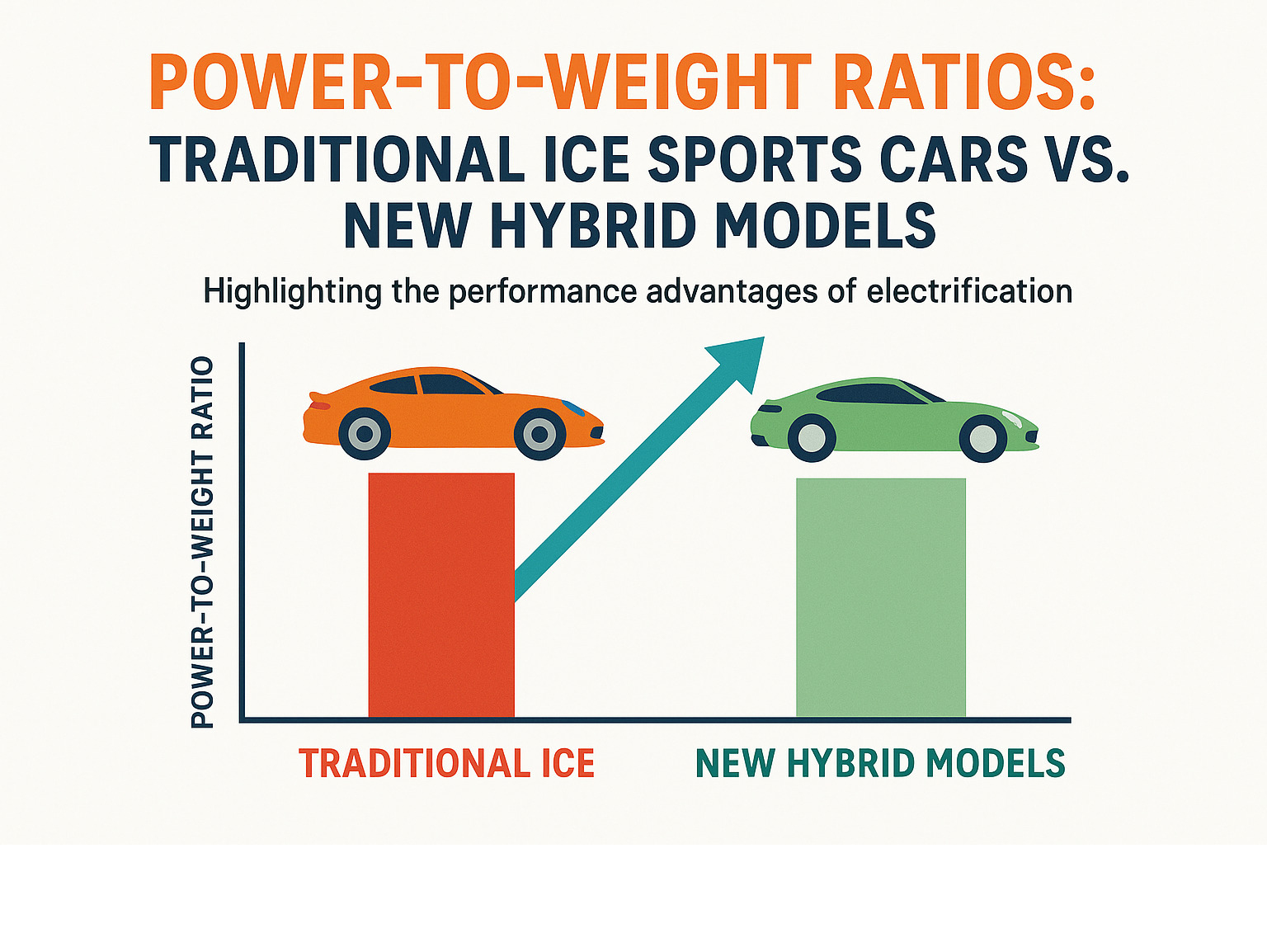 Comparison chart showing power-to-weight ratios of traditional ICE sports cars versus new hybrid models, highlighting the performance advantages of electrification - sports car news infographic 