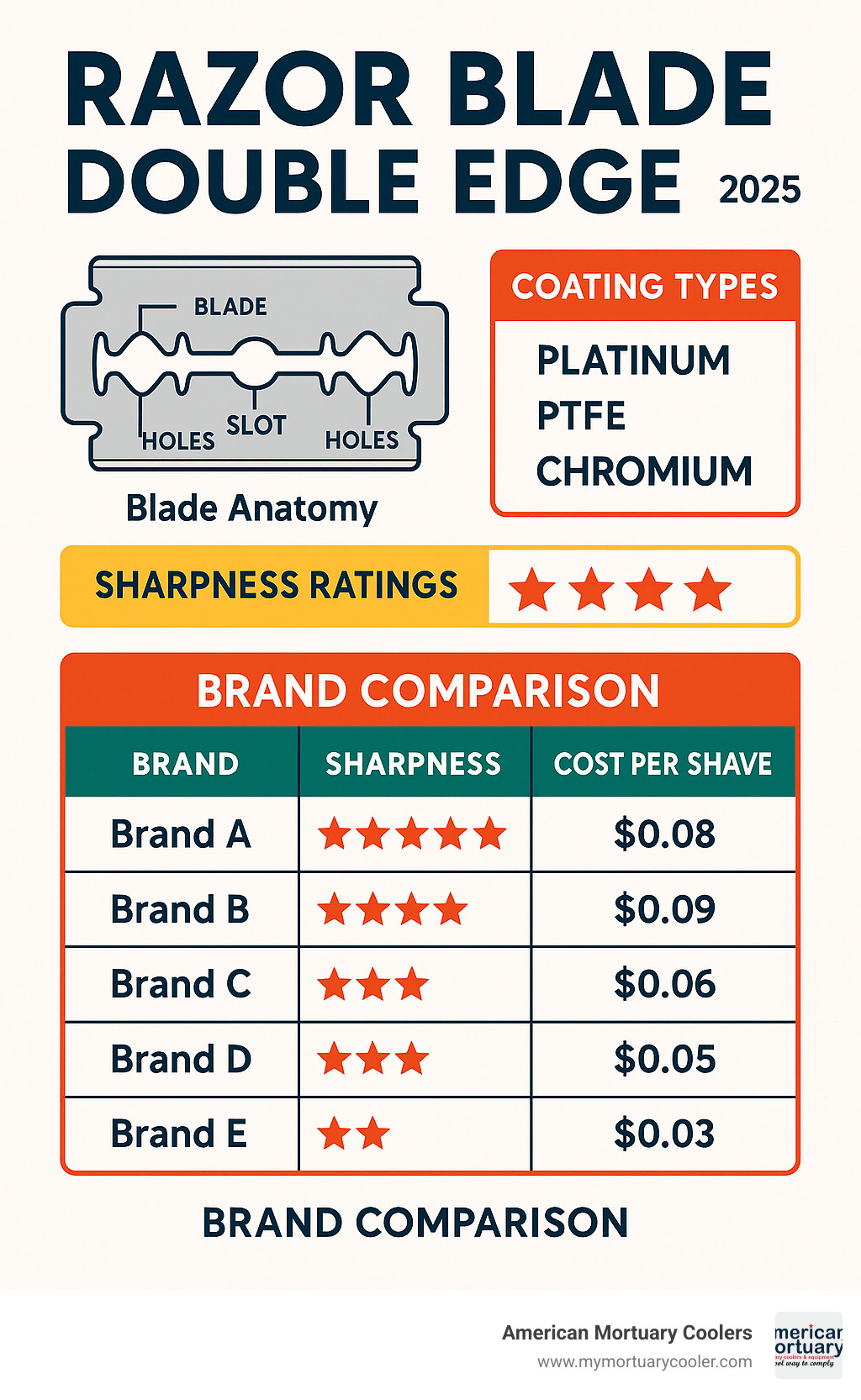 Comprehensive comparison chart showing double edge razor blade anatomy, coating types, sharpness ratings, and cost-per-shave calculations for top brands - razor blade double edge infographic 