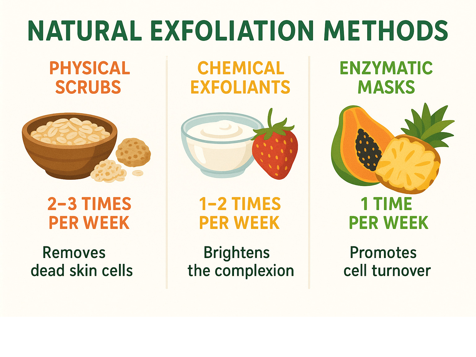 Infographic showing the three types of natural exfoliation methods: physical scrubs with oatmeal and sugar granules, chemical exfoliants with yogurt and fruit acids, and enzymatic masks with papaya and pineapple, including application frequency and benefits for each method - natural exfoliation methods infographic 