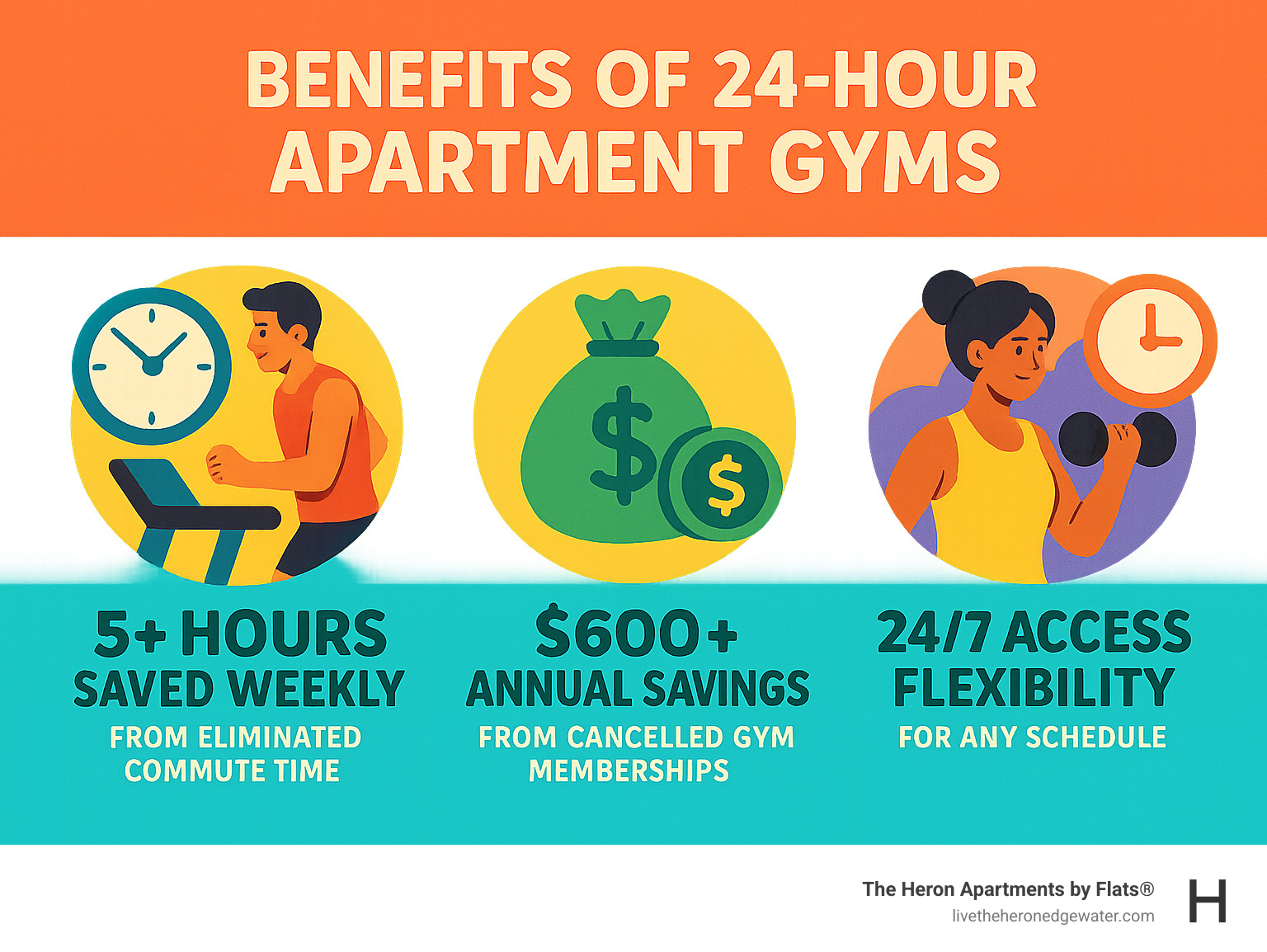 Infographic showing time and money savings from 24-hour apartment gyms: 5+ hours saved weekly from eliminated commute time, $600+ annual savings from cancelled gym memberships, and 24/7 access flexibility for any schedule - apartments with 24 hour gym infographic 