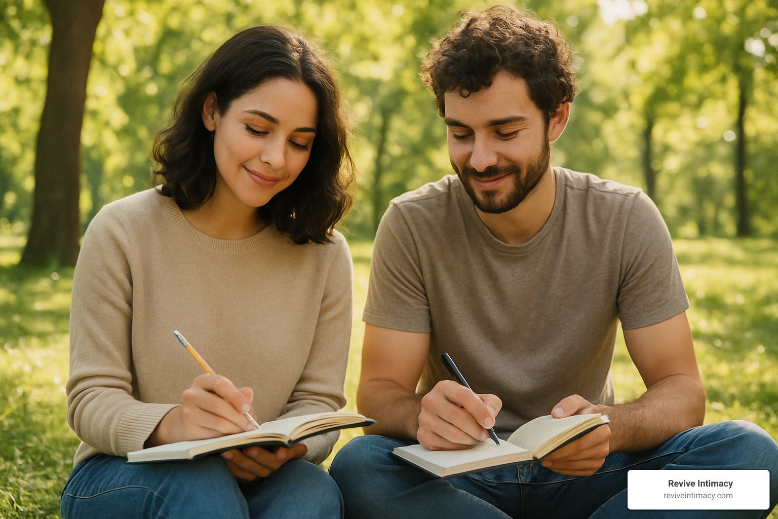 couple journaling together in a peaceful outdoor setting - couples intensive therapy retreat